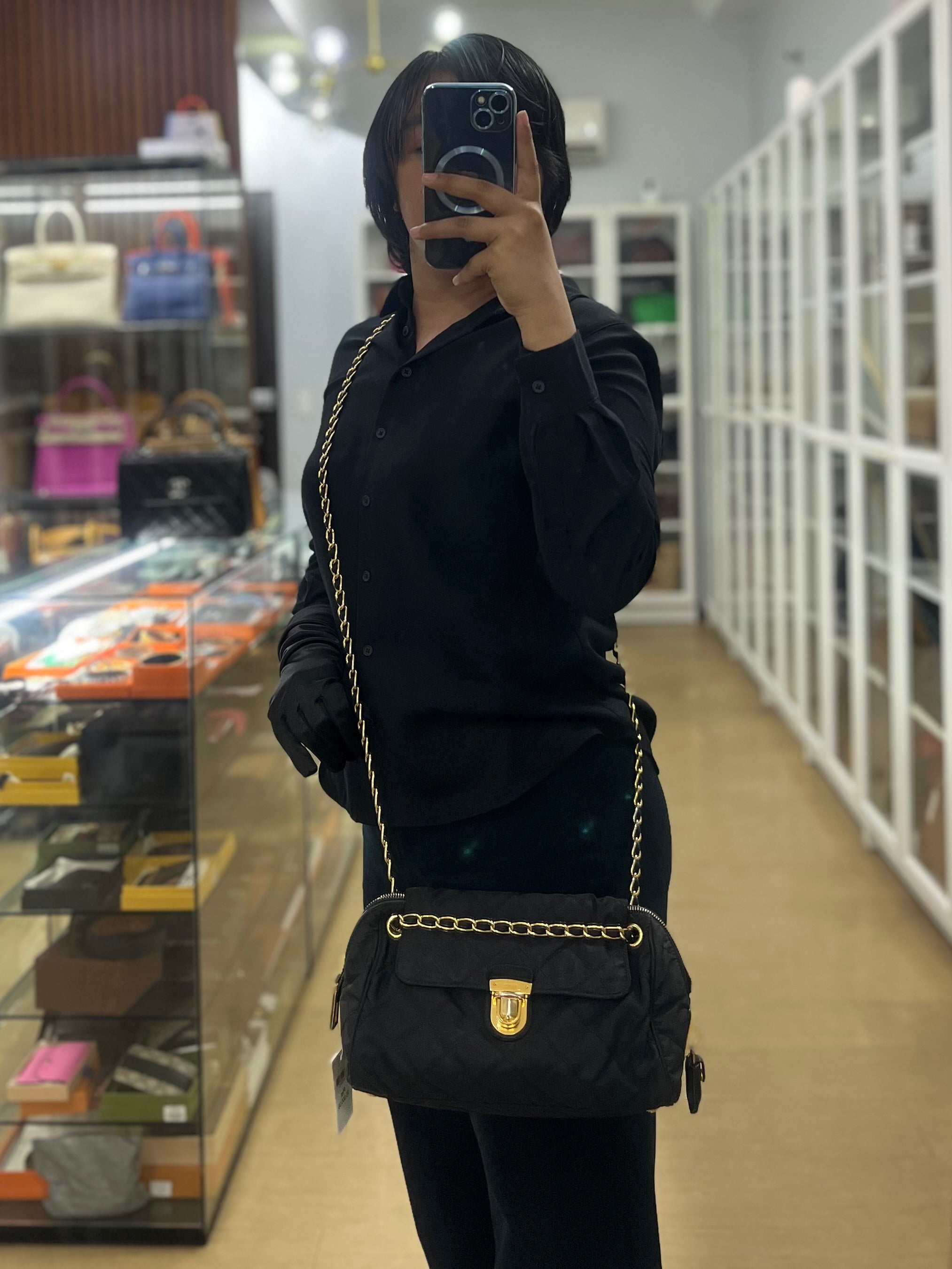 Tessuto Impuntu Black Nylon Quilted Flap Chain Bag | Purse Maison Luxury Bags Shop