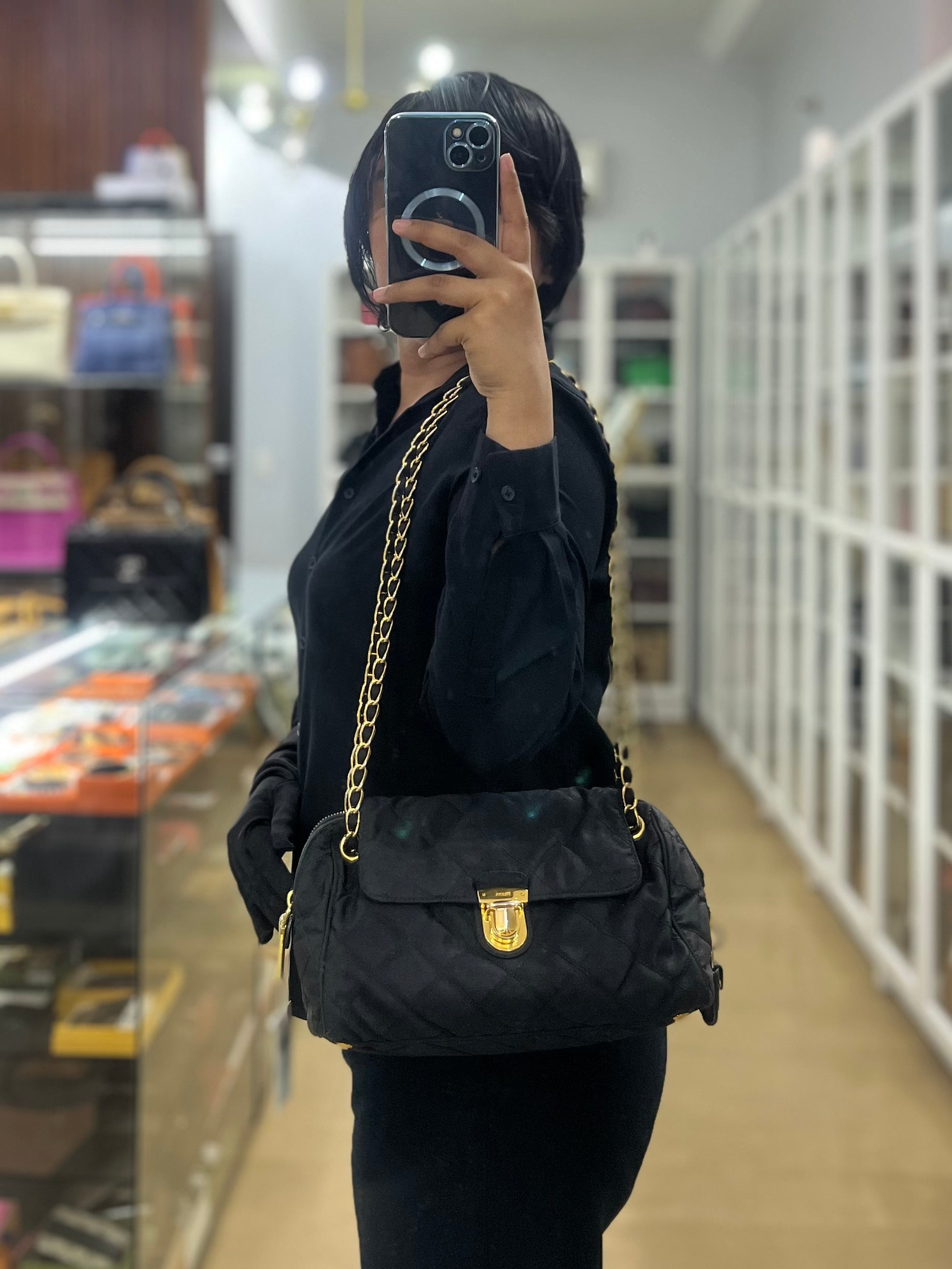 Tessuto Impuntu Black Nylon Quilted Flap Chain Bag | Purse Maison Luxury Bags Shop