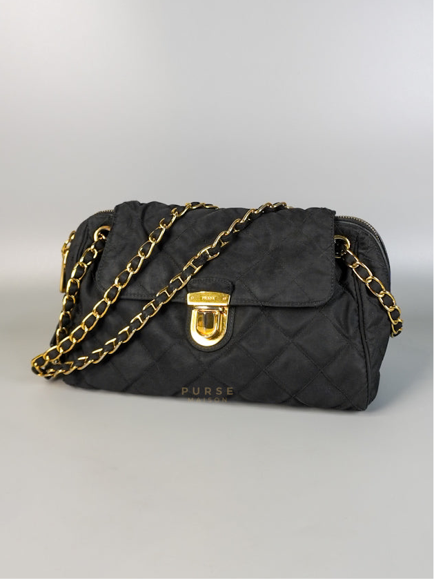 Tessuto Impuntu Black Nylon Quilted Flap Chain Bag | Purse Maison Luxury Bags Shop