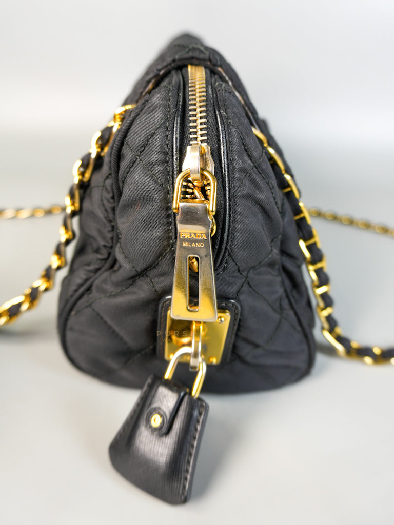 Tessuto Impuntu Black Nylon Quilted Flap Chainlinked Bag | Purse Maison Luxury Bags Shop