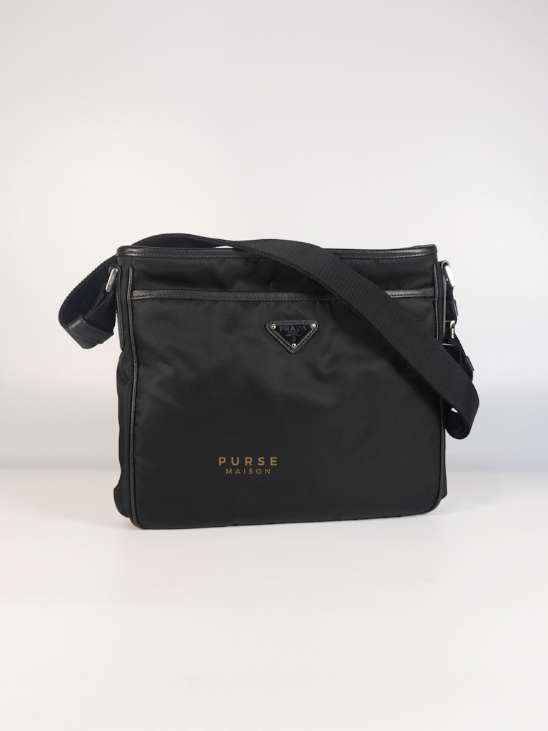 Tessuto Messenger Bag Medium in Black Nylon & Saffiano Leather | Purse Maison Luxury Bags Shop