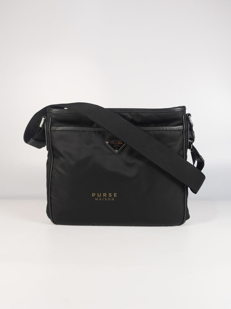 Tessuto Messenger Bag Medium in Black Nylon & Saffiano Leather | Purse Maison Luxury Bags Shop