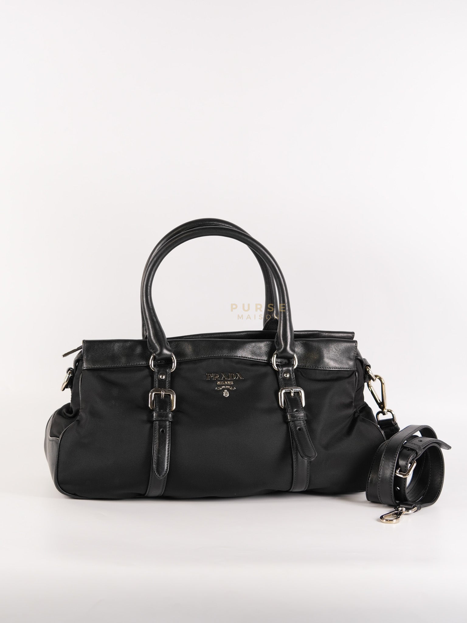 Tessuto Nylon Top Handle Shoulder Bag in Black and Silver Hardware | Purse Maison Luxury Bags Shop