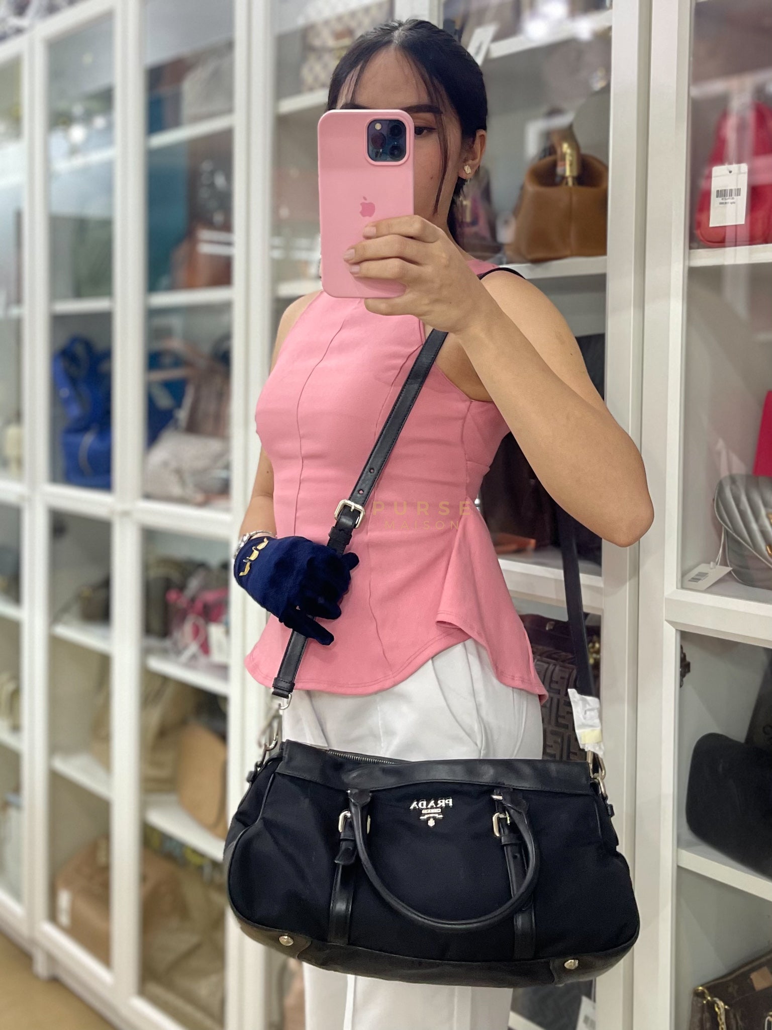 Tessuto Nylon Top Handle Shoulder Bag in Black and Silver Hardware | Purse Maison Luxury Bags Shop