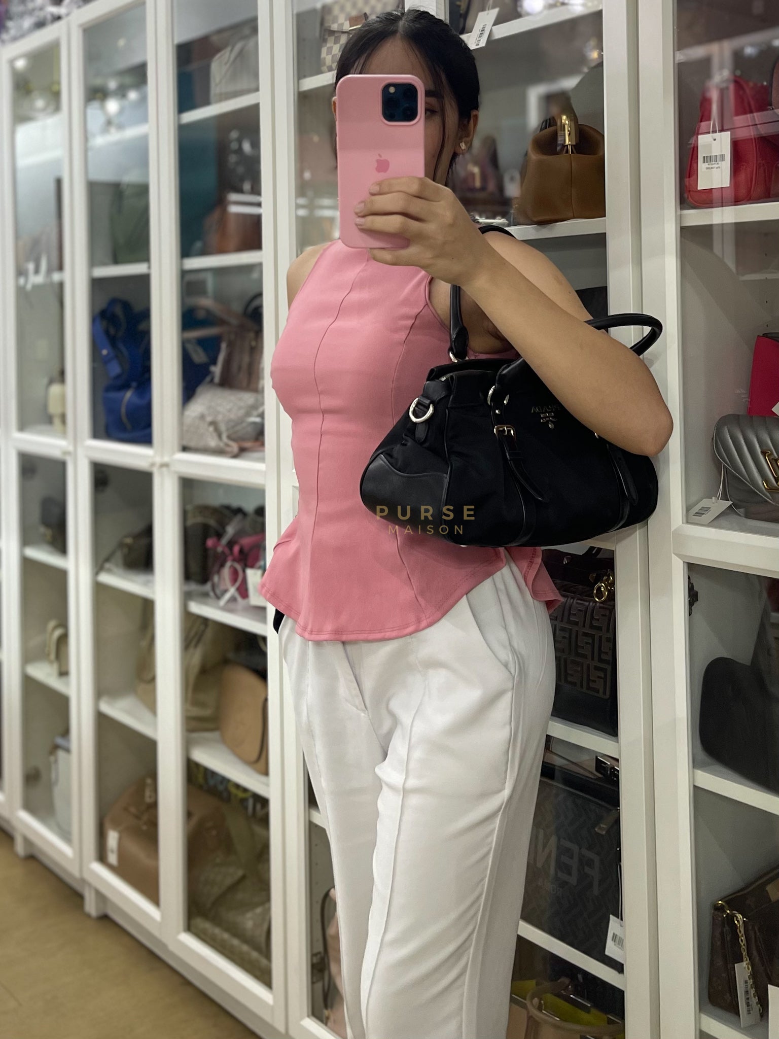 Tessuto Nylon Top Handle Shoulder Bag in Black and Silver Hardware | Purse Maison Luxury Bags Shop