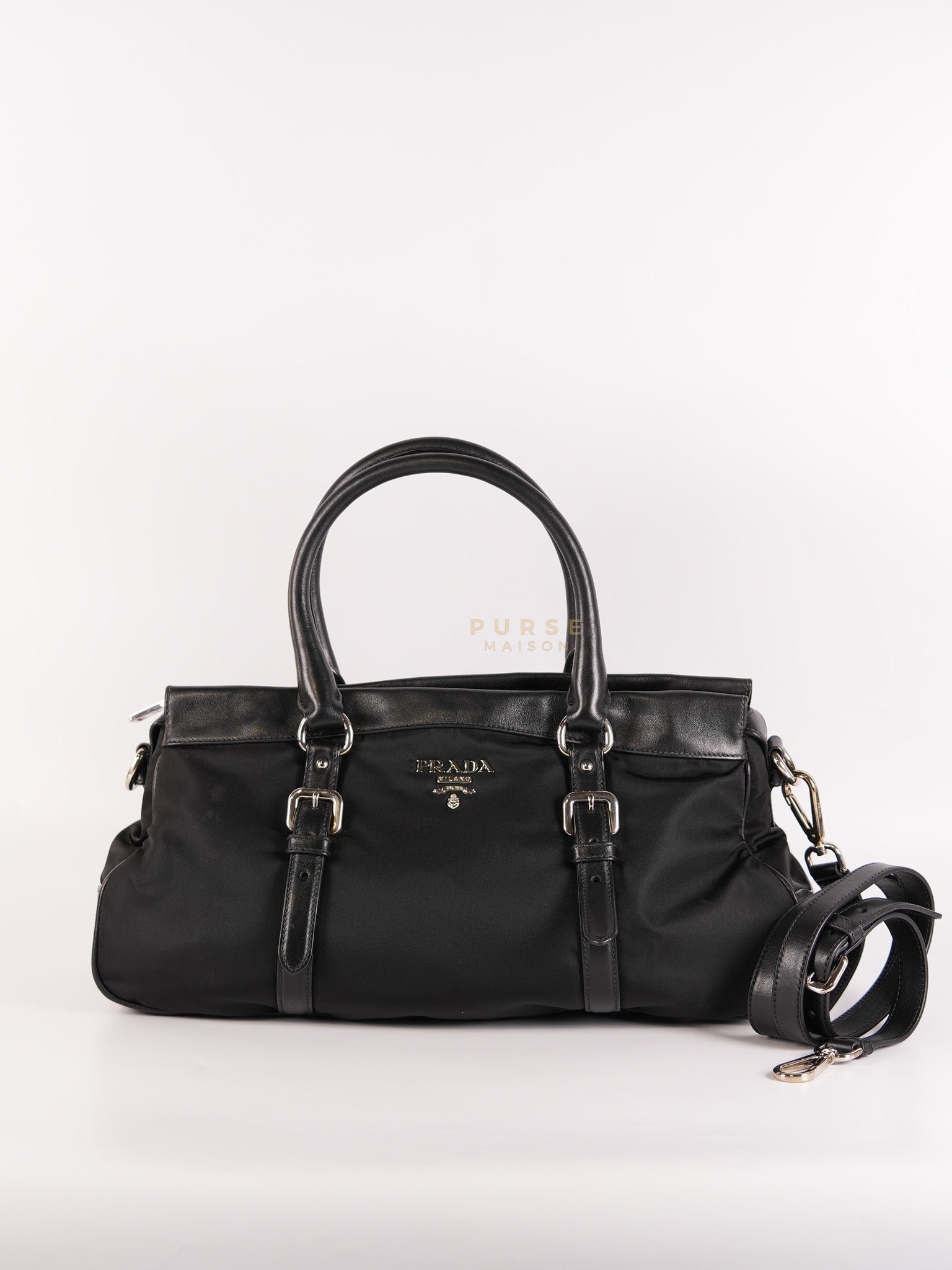 Tessuto Nylon Top Handle Shoulder Bag in Black and Silver Hardware | Purse Maison Luxury Bags Shop
