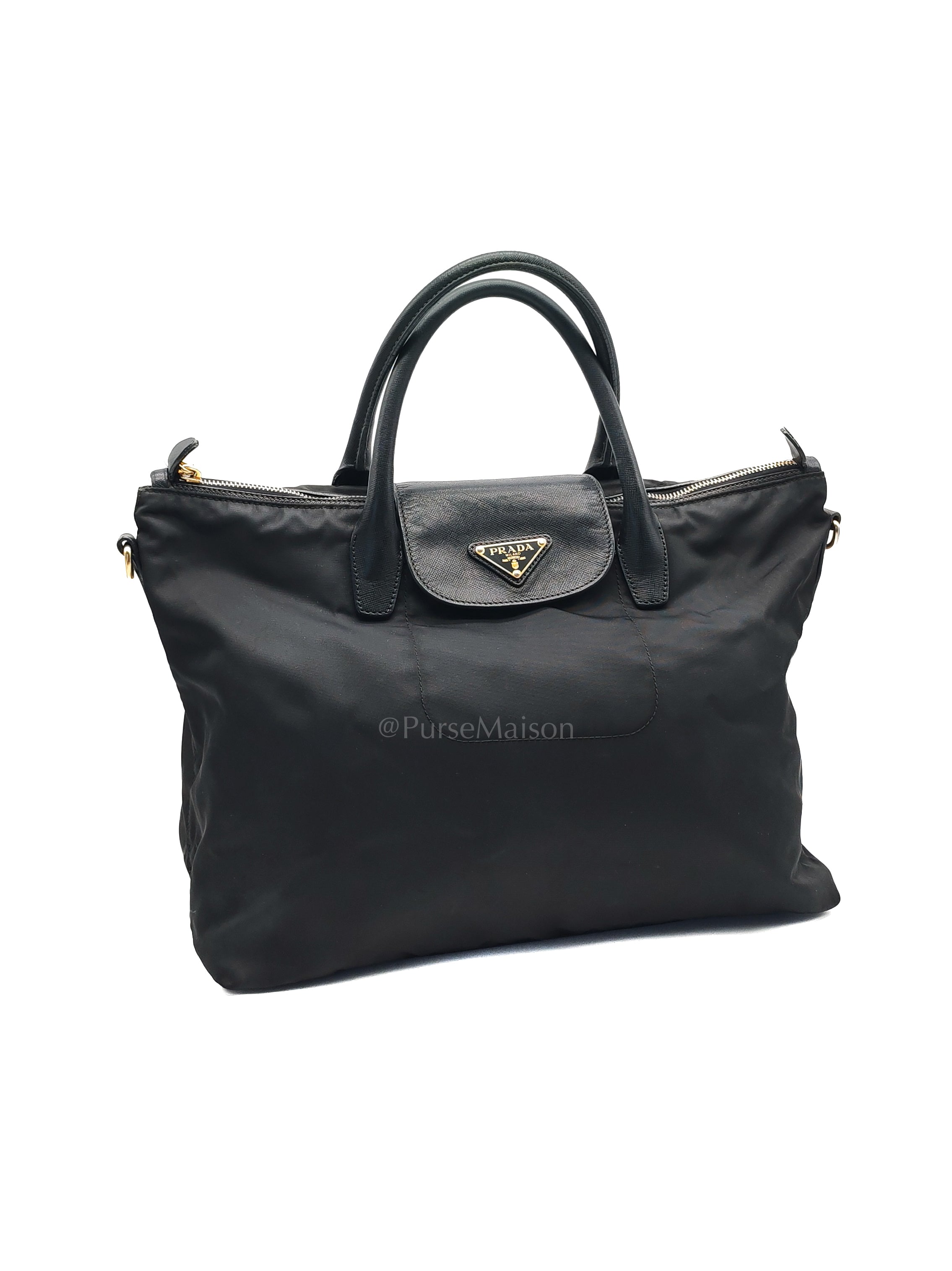 Tessuto Nylon Totebag in Black Saffiano Leather | Purse Maison Luxury Bags Shop