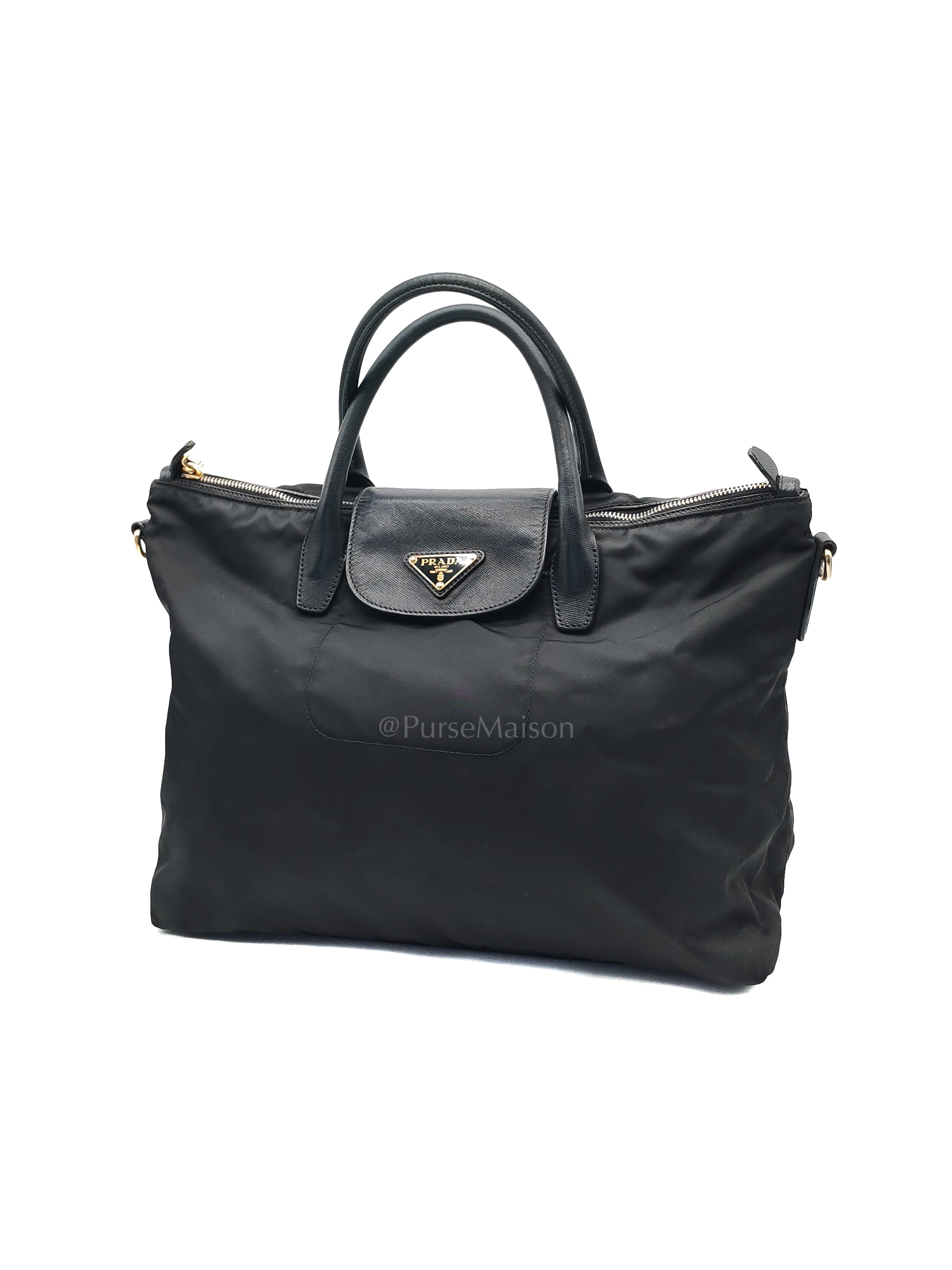 Tessuto Nylon Totebag in Black Saffiano Leather | Purse Maison Luxury Bags Shop