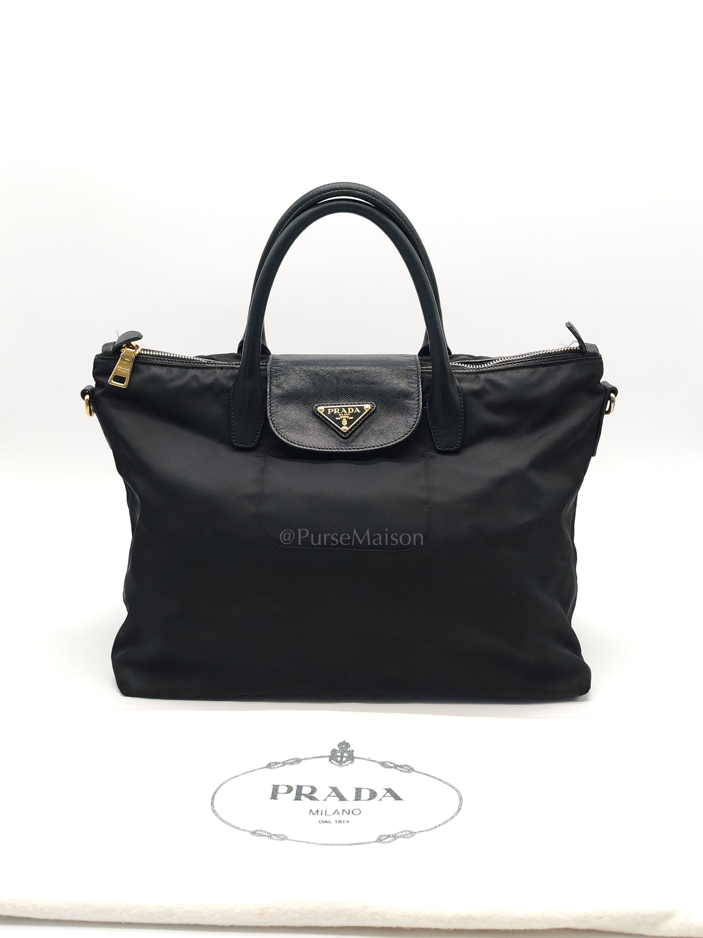 Tessuto Nylon Totebag in Black Saffiano Leather | Purse Maison Luxury Bags Shop