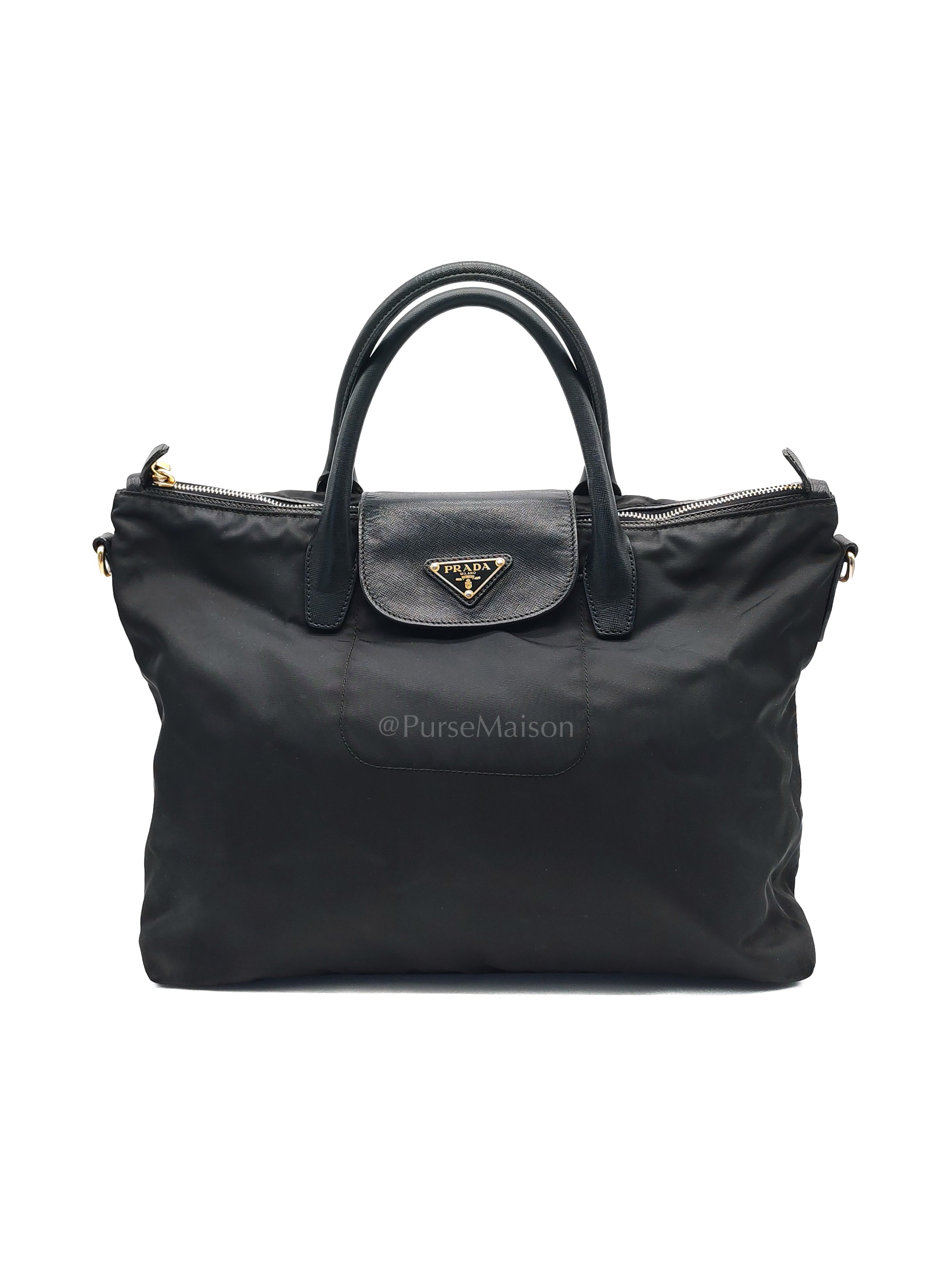 Tessuto Nylon Totebag in Black Saffiano Leather | Purse Maison Luxury Bags Shop