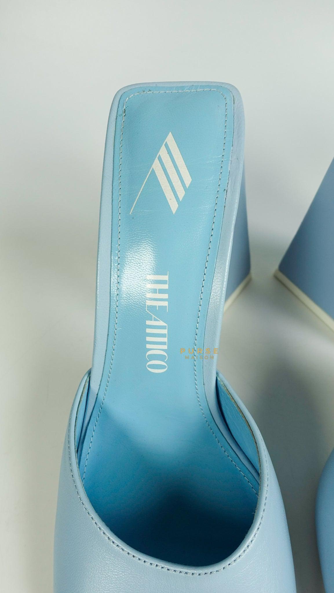 The Attico Devon Mule Chunky Triangle Heels Sky Blue Size 38