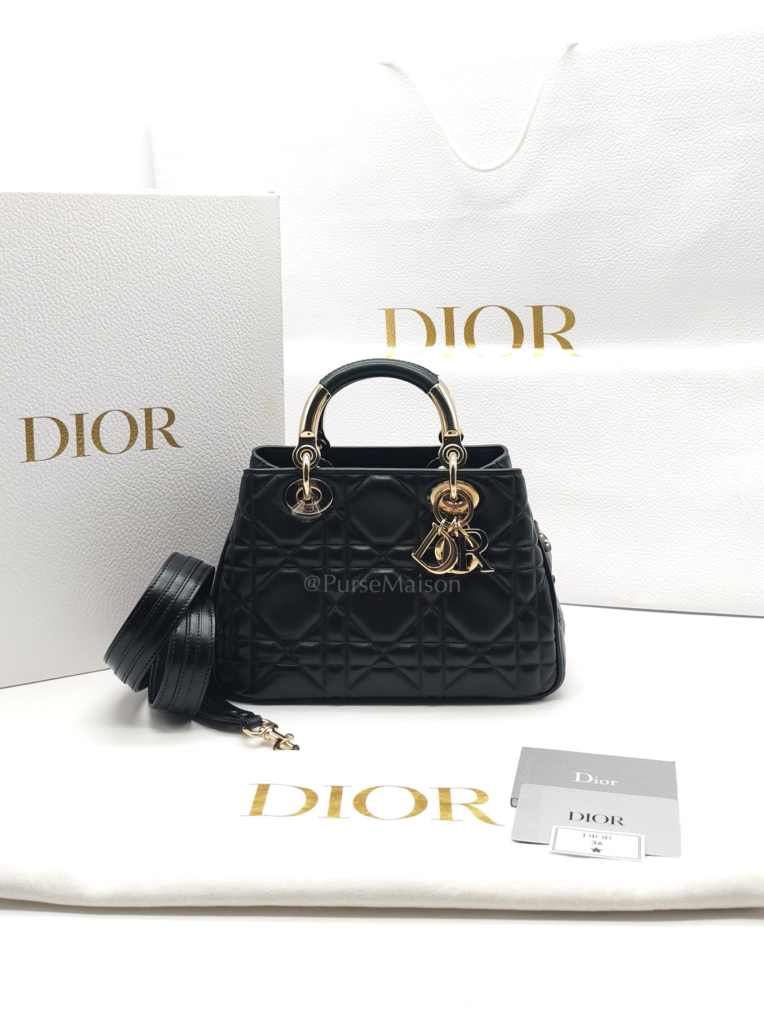 The Lady 95.22 Small Black Calfskin Cannage in Light Gold Hardware | Purse Maison Luxury Bags Shop