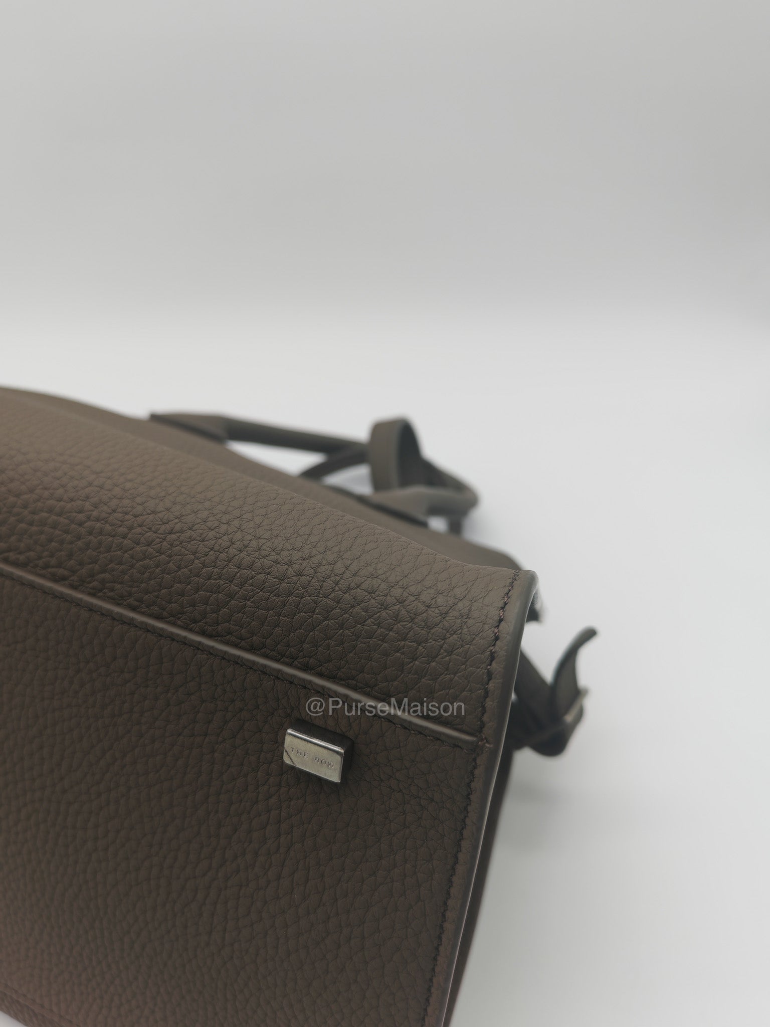 The Row Soft Margaux 10 in Smoke Taupe Calfskin Grained Leather | Purse Maison Luxury Bags Shop