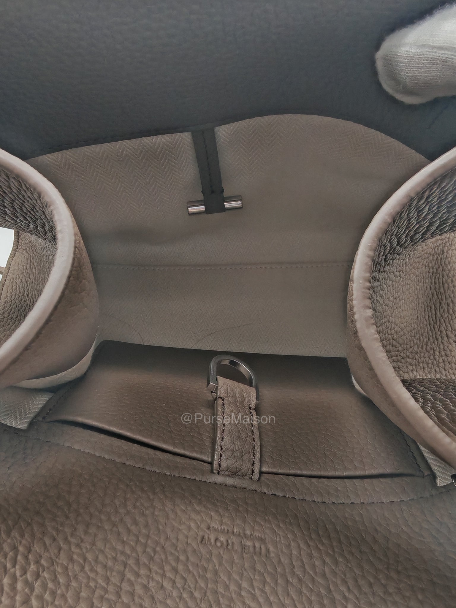 The Row Soft Margaux 10 in Smoke Taupe Calfskin Grained Leather | Purse Maison Luxury Bags Shop