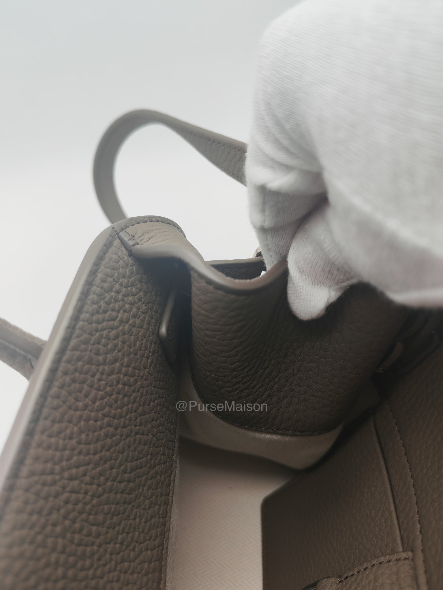 The Row Soft Margaux 10 in Smoke Taupe Calfskin Grained Leather | Purse Maison Luxury Bags Shop