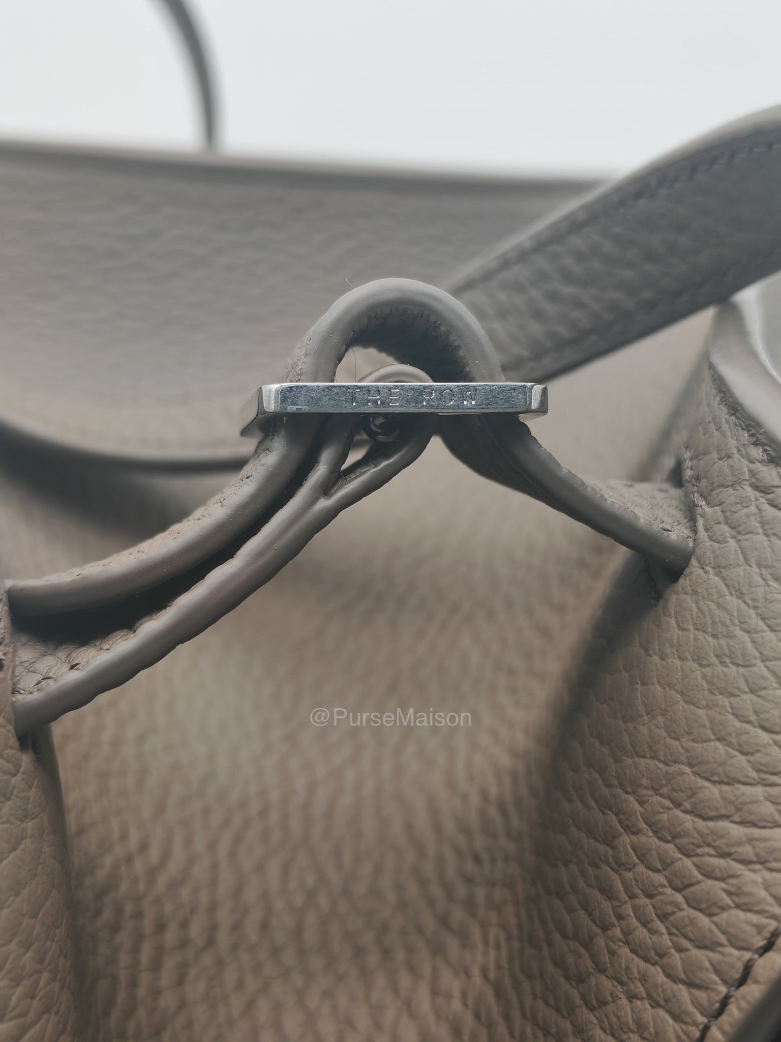 The Row Soft Margaux 10 in Smoke Taupe Calfskin Grained Leather | Purse Maison Luxury Bags Shop