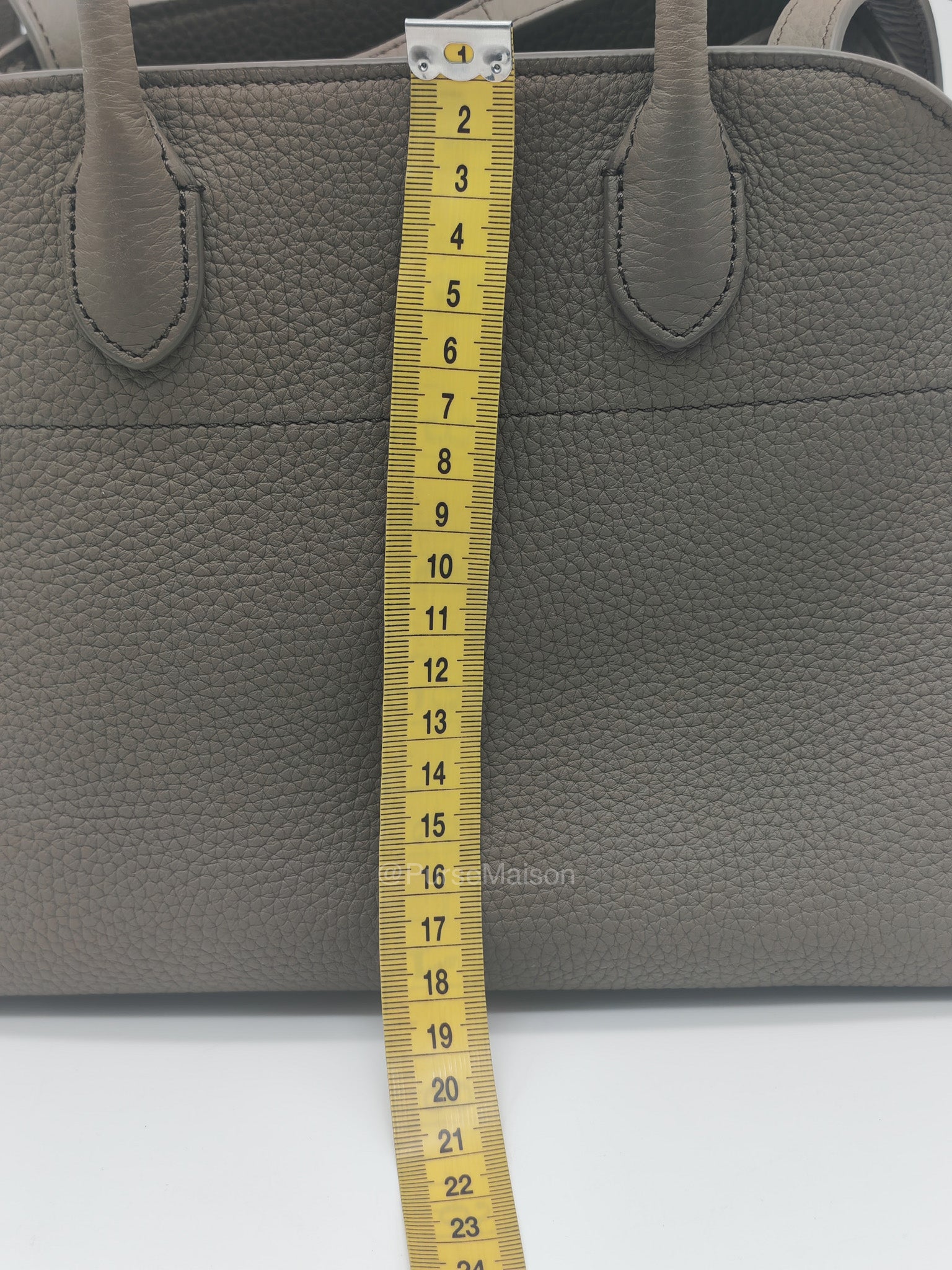 The Row Soft Margaux 10 in Smoke Taupe Calfskin Grained Leather | Purse Maison Luxury Bags Shop