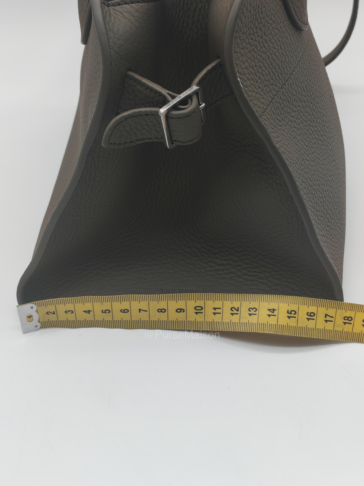 The Row Soft Margaux 10 in Smoke Taupe Calfskin Grained Leather | Purse Maison Luxury Bags Shop