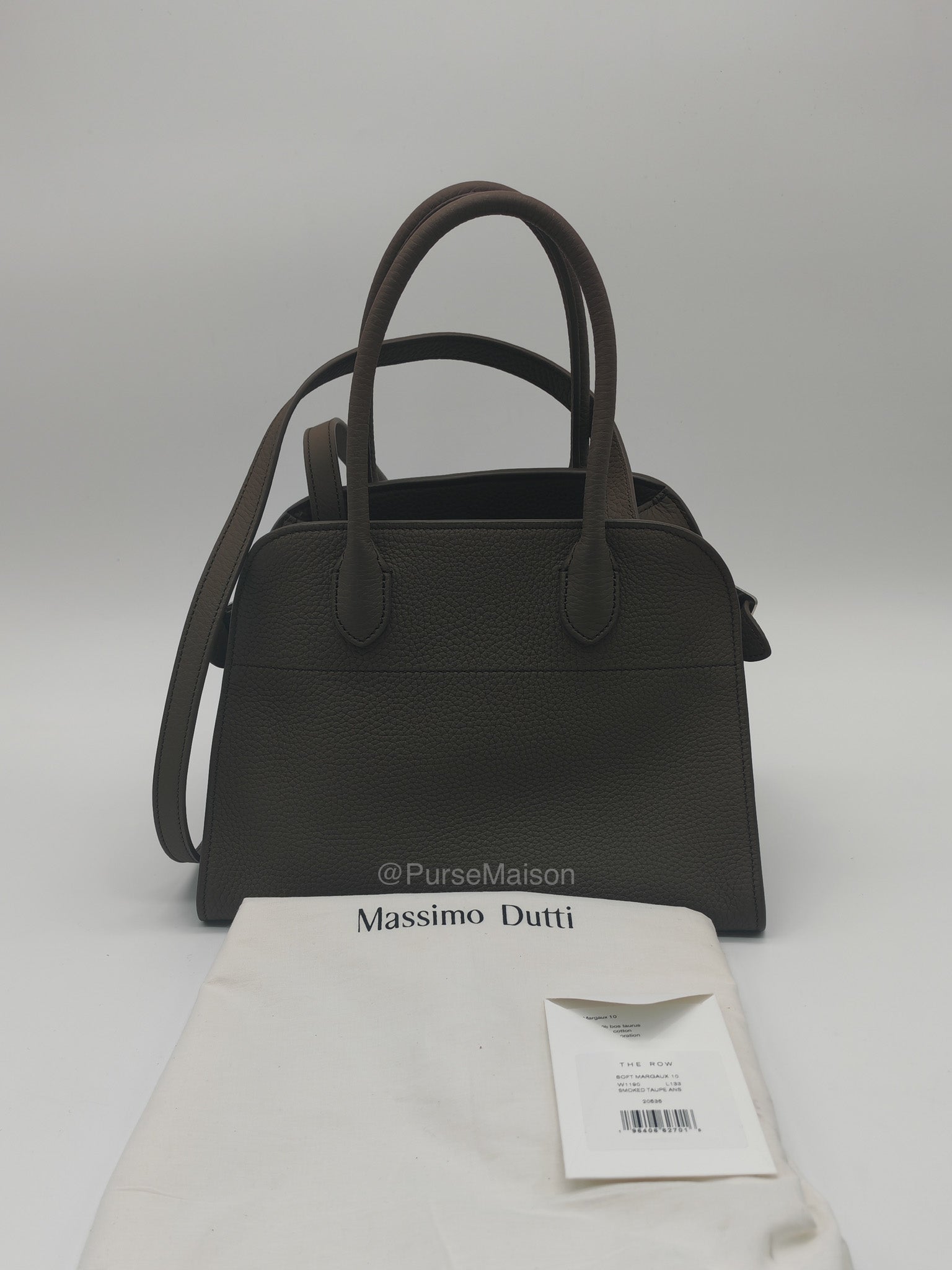 The Row Soft Margaux 10 in Smoke Taupe Calfskin Grained Leather | Purse Maison Luxury Bags Shop
