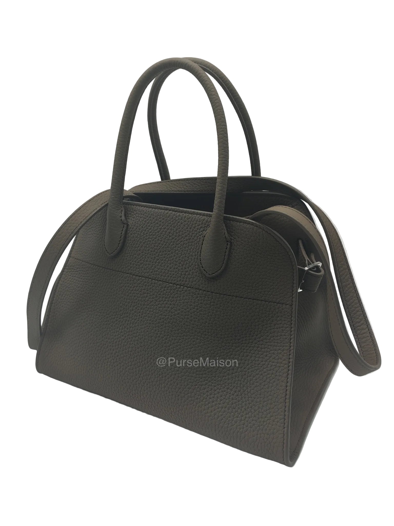 The Row Soft Margaux 10 in Smoke Taupe Calfskin Grained Leather | Purse Maison Luxury Bags Shop