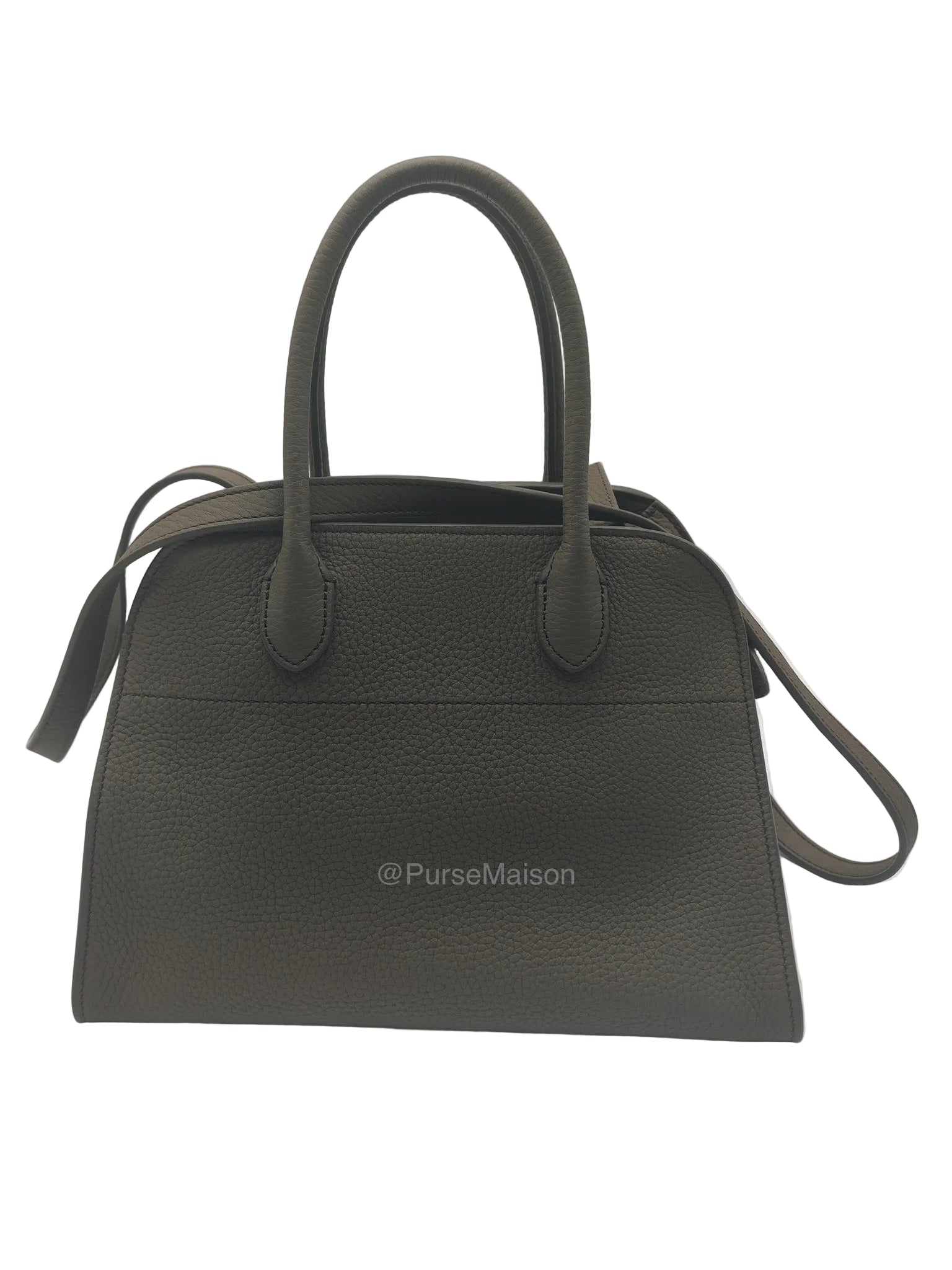 The Row Soft Margaux 10 in Smoke Taupe Calfskin Grained Leather | Purse Maison Luxury Bags Shop