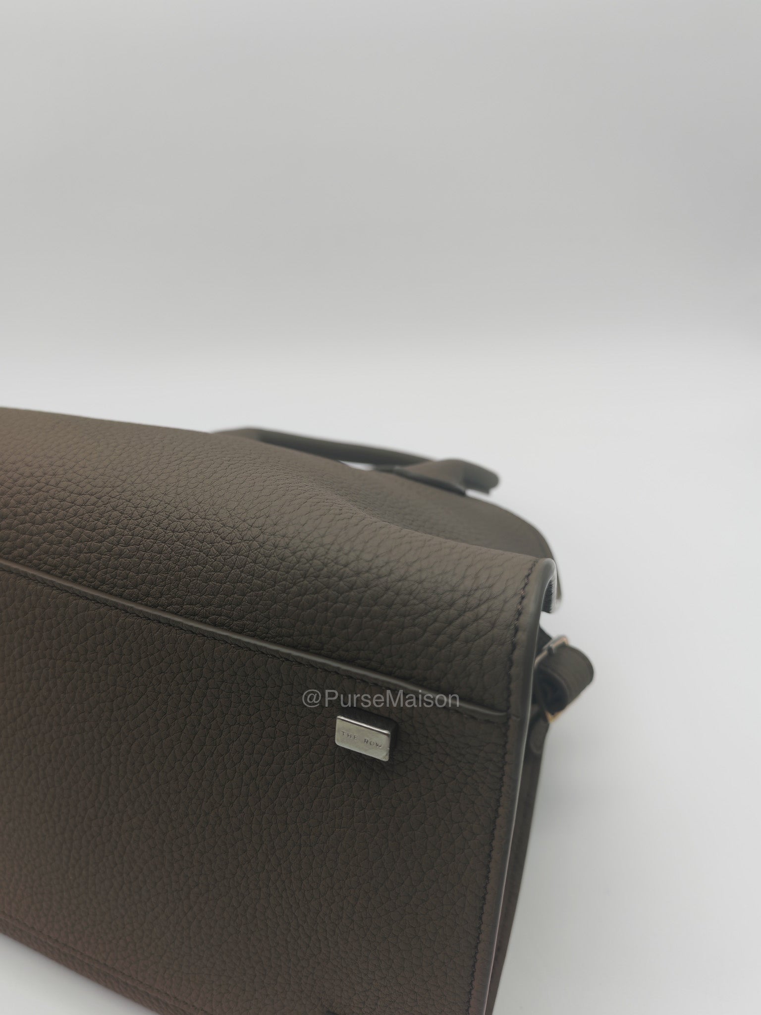The Row Soft Margaux 10 in Smoke Taupe Calfskin Grained Leather | Purse Maison Luxury Bags Shop