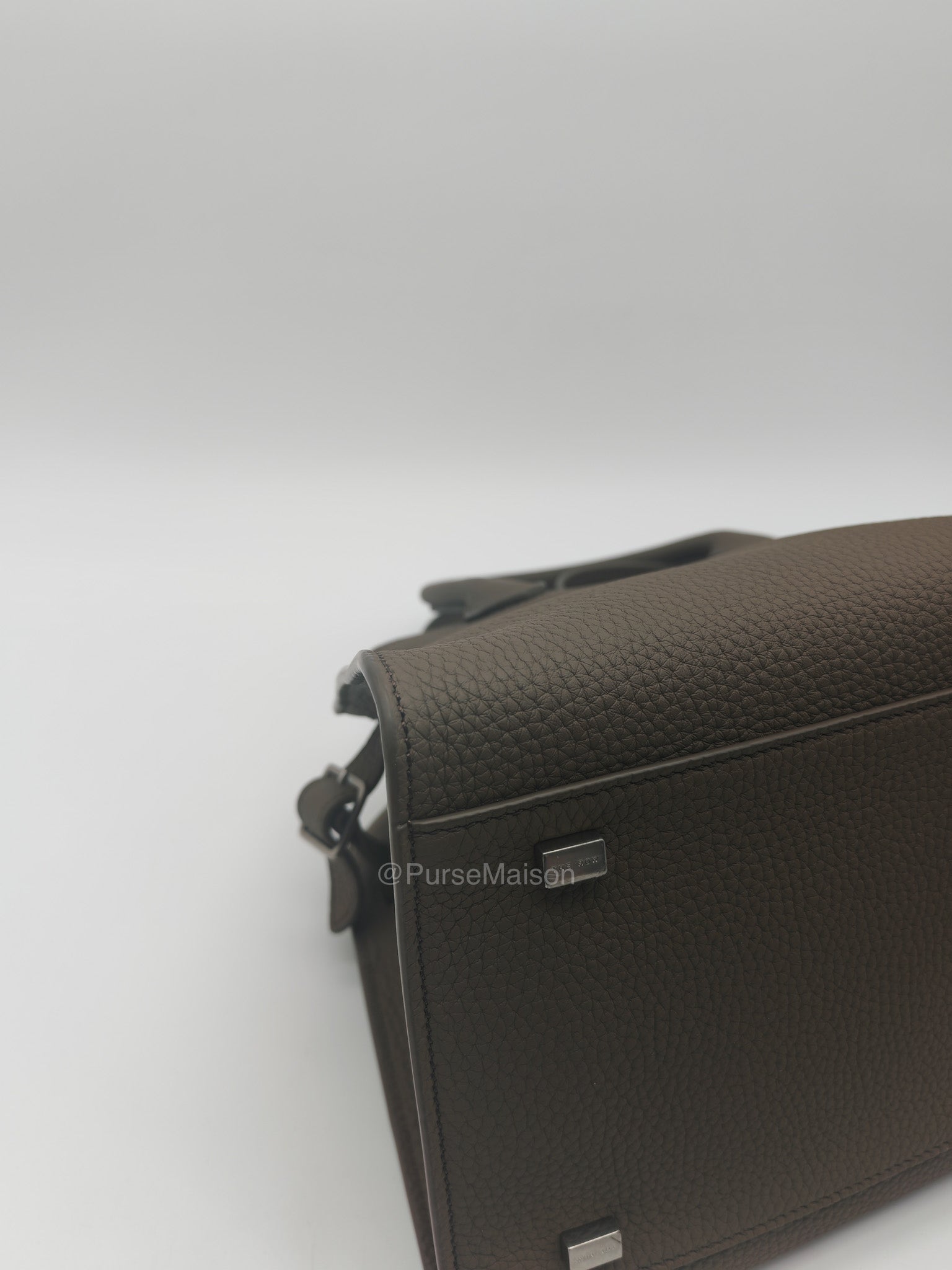 The Row Soft Margaux 10 in Smoke Taupe Calfskin Grained Leather | Purse Maison Luxury Bags Shop