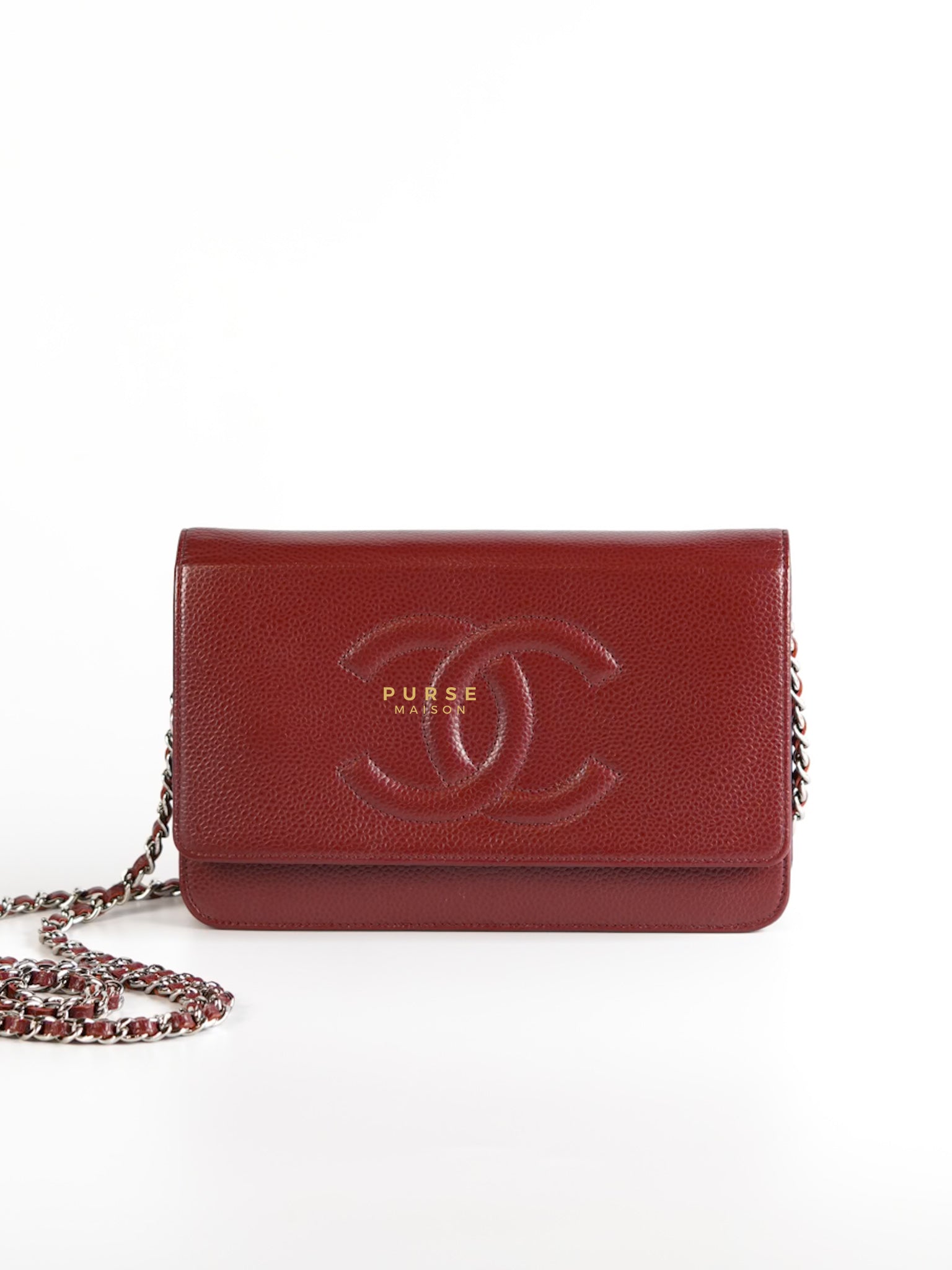 Timeless CC Wallet on Chain in Red Caviar Leather and Silver Hardware Series 16 | Purse Maison Luxury Bags Shop