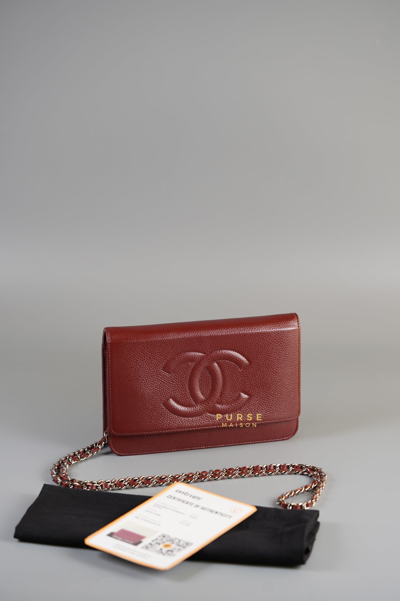 CC Wallet on Chain in Red Caviar Leather and Silver Hardware Series 16 | Purse Maison Luxury Bags Shop