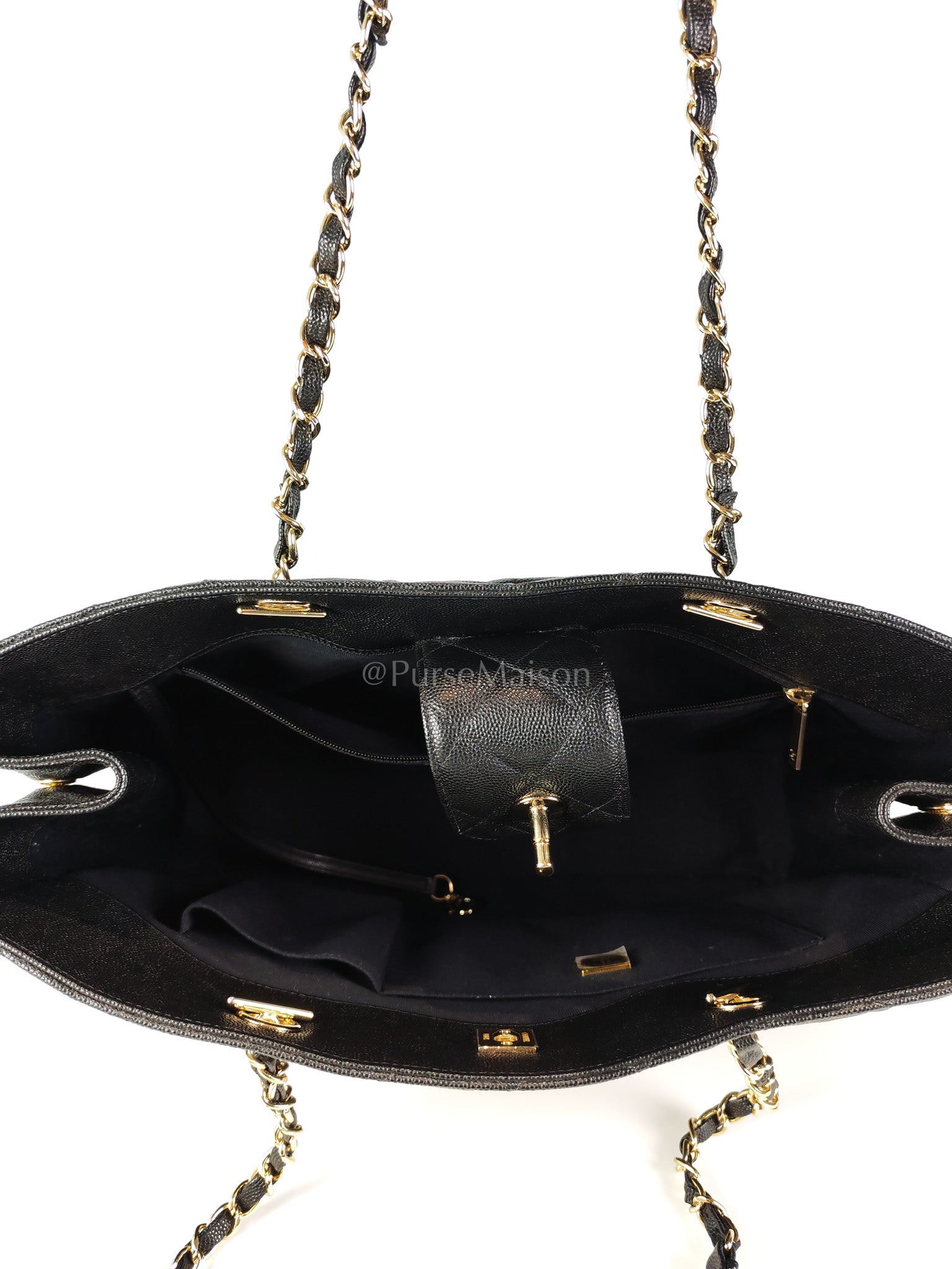 Timeless Classic Tote Bag in Black Quilted Caviar Leather and Light Gold Hardware (Microchip) | Purse Maison Luxury Bags Shop