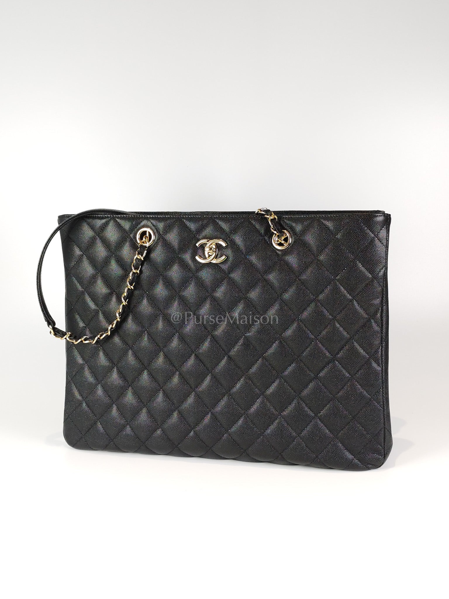 Timeless Classic Tote Bag in Black Quilted Caviar Leather and Light Gold Hardware (Microchip) | Purse Maison Luxury Bags Shop