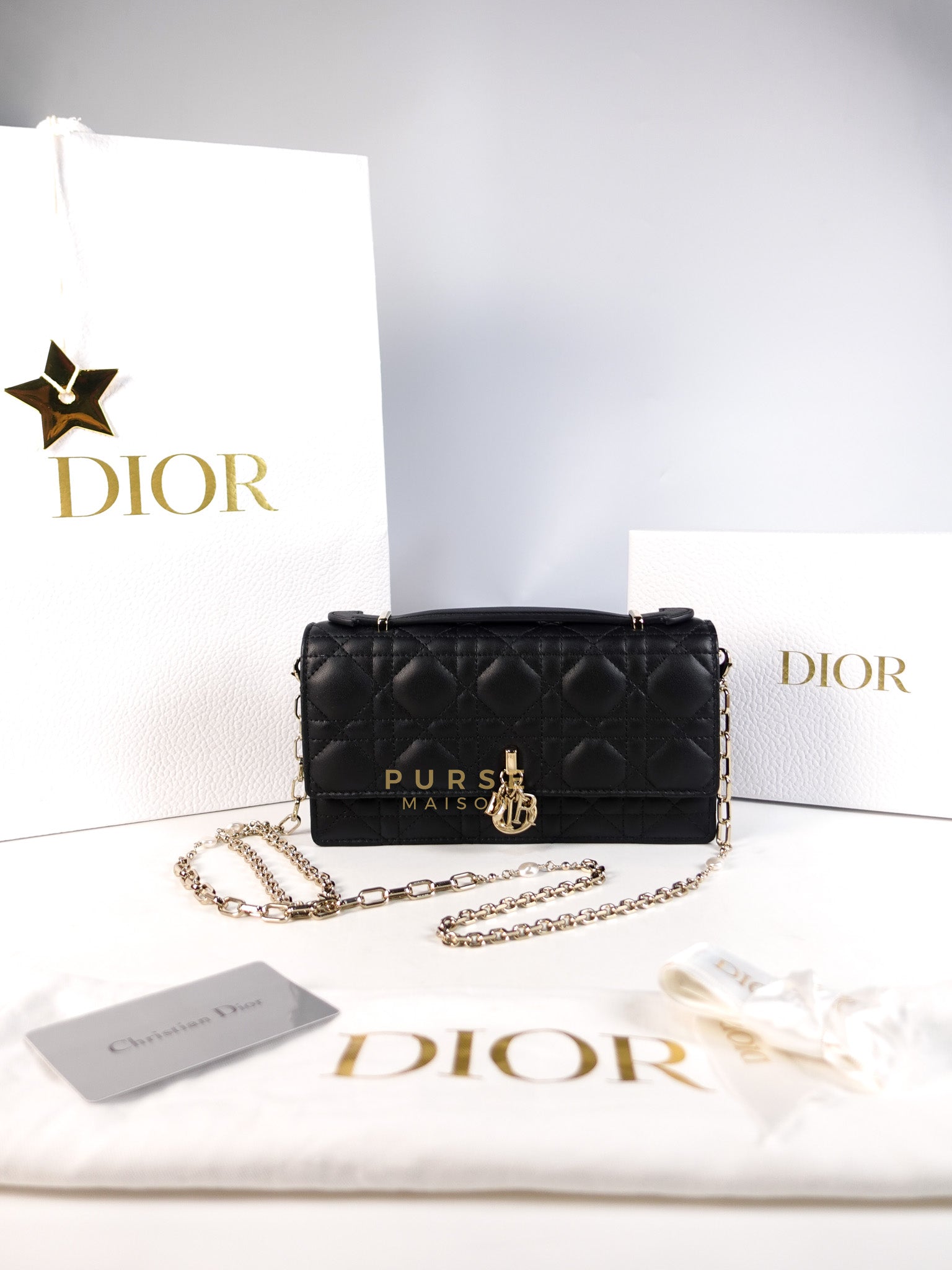 Top Handle Lady Dior Phone Pouch in Black Lambskin Cannage Leather | Purse Maison Luxury Bags Shop