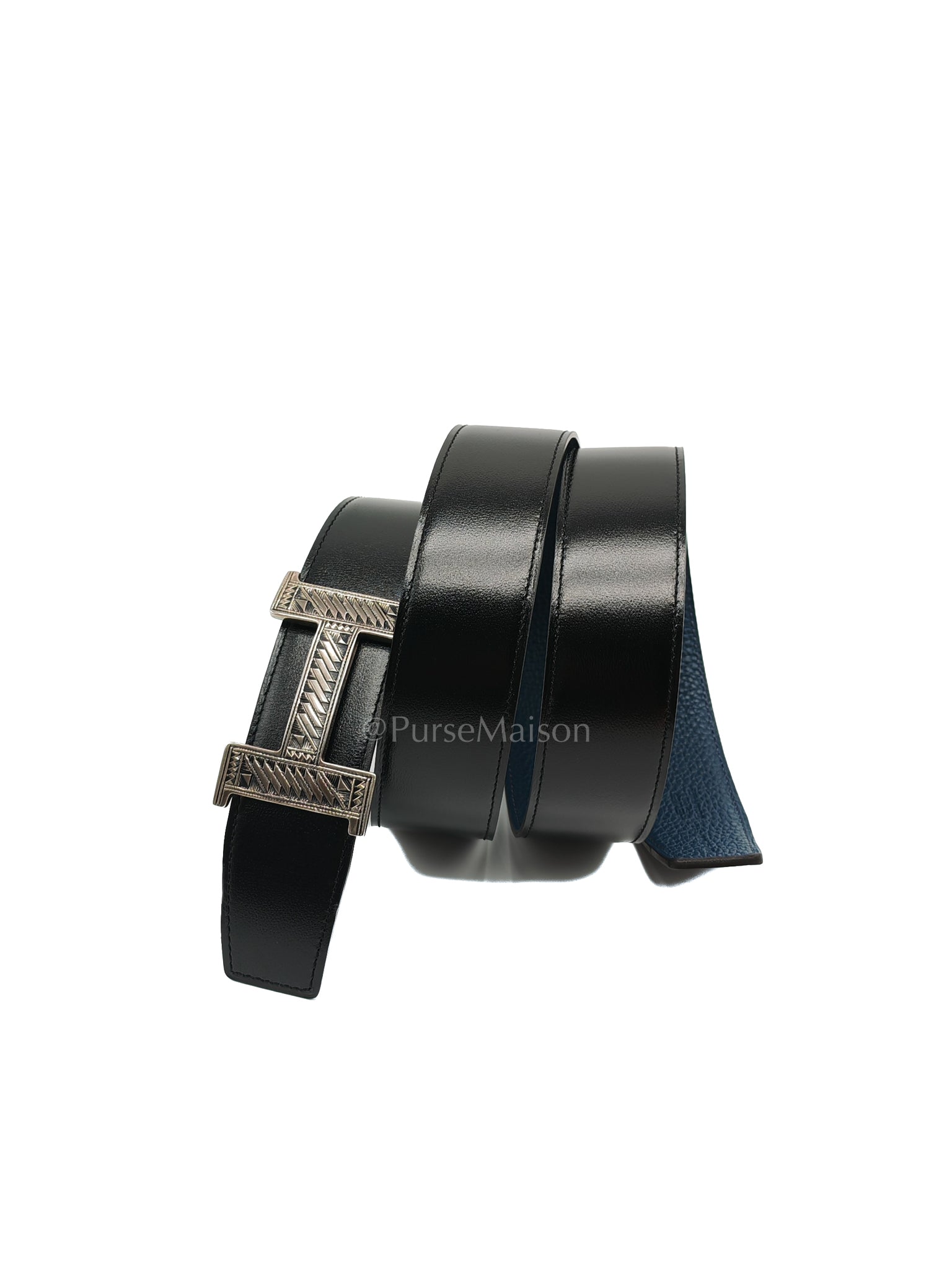 Touareg Reversible Belt in Black/Blue Leather Size 100 Stamp U (2022) | Purse Maison Luxury Bags Shop