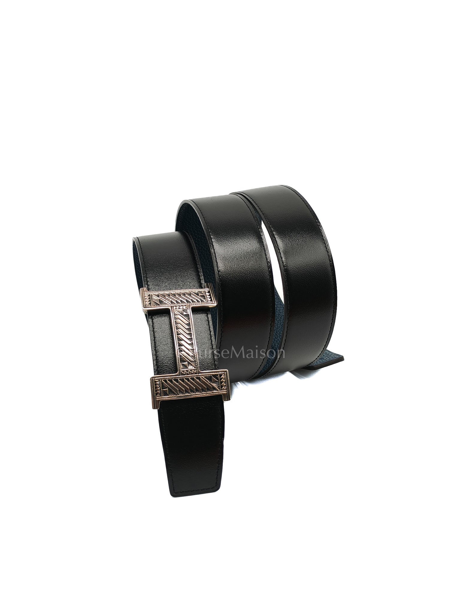 Touareg Reversible Belt in Black/Blue Leather Size 100 Stamp U (2022) | Purse Maison Luxury Bags Shop