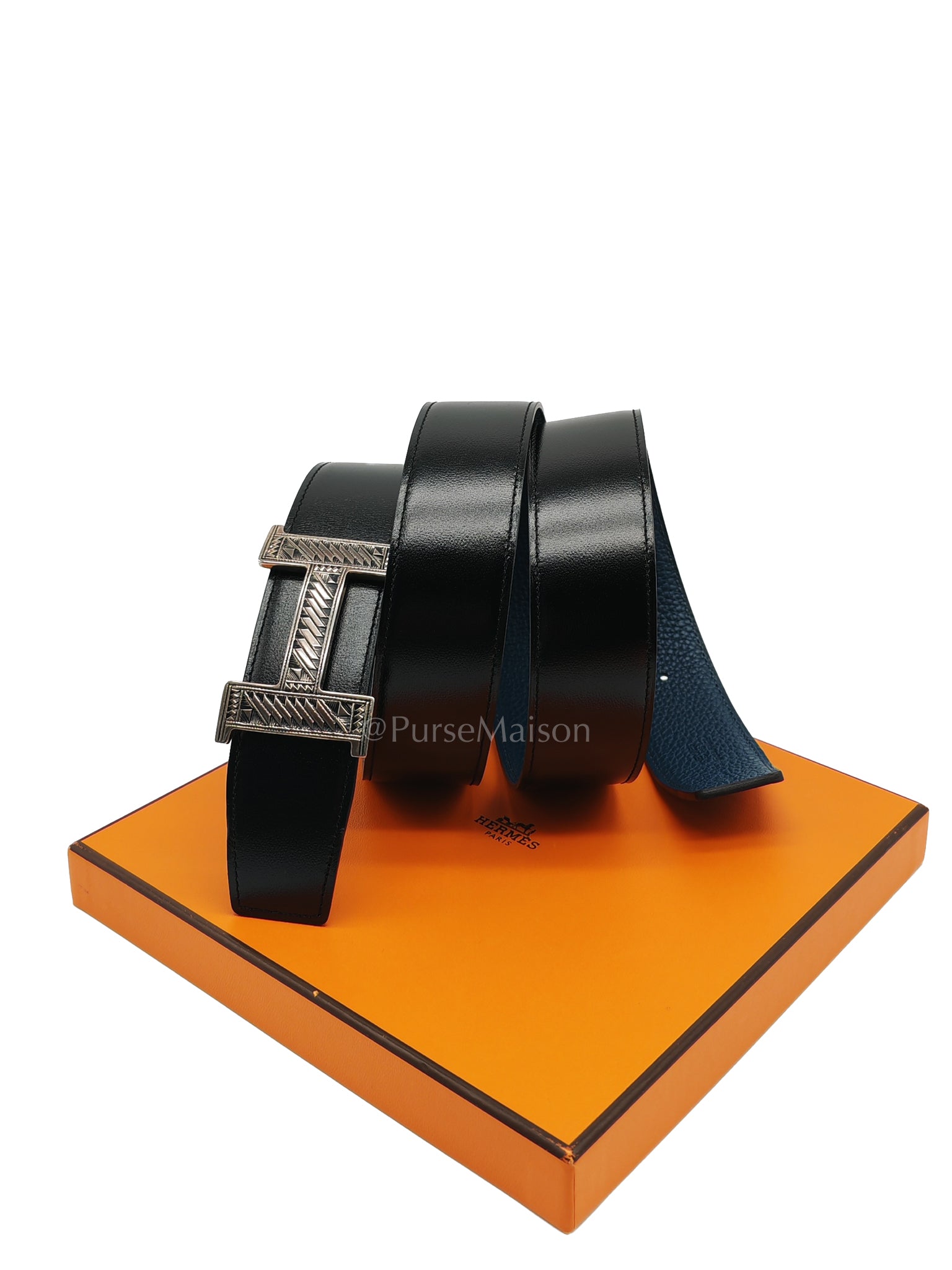 Touareg Reversible Belt in Black/Blue Leather Size 100 Stamp U (2022) | Purse Maison Luxury Bags Shop