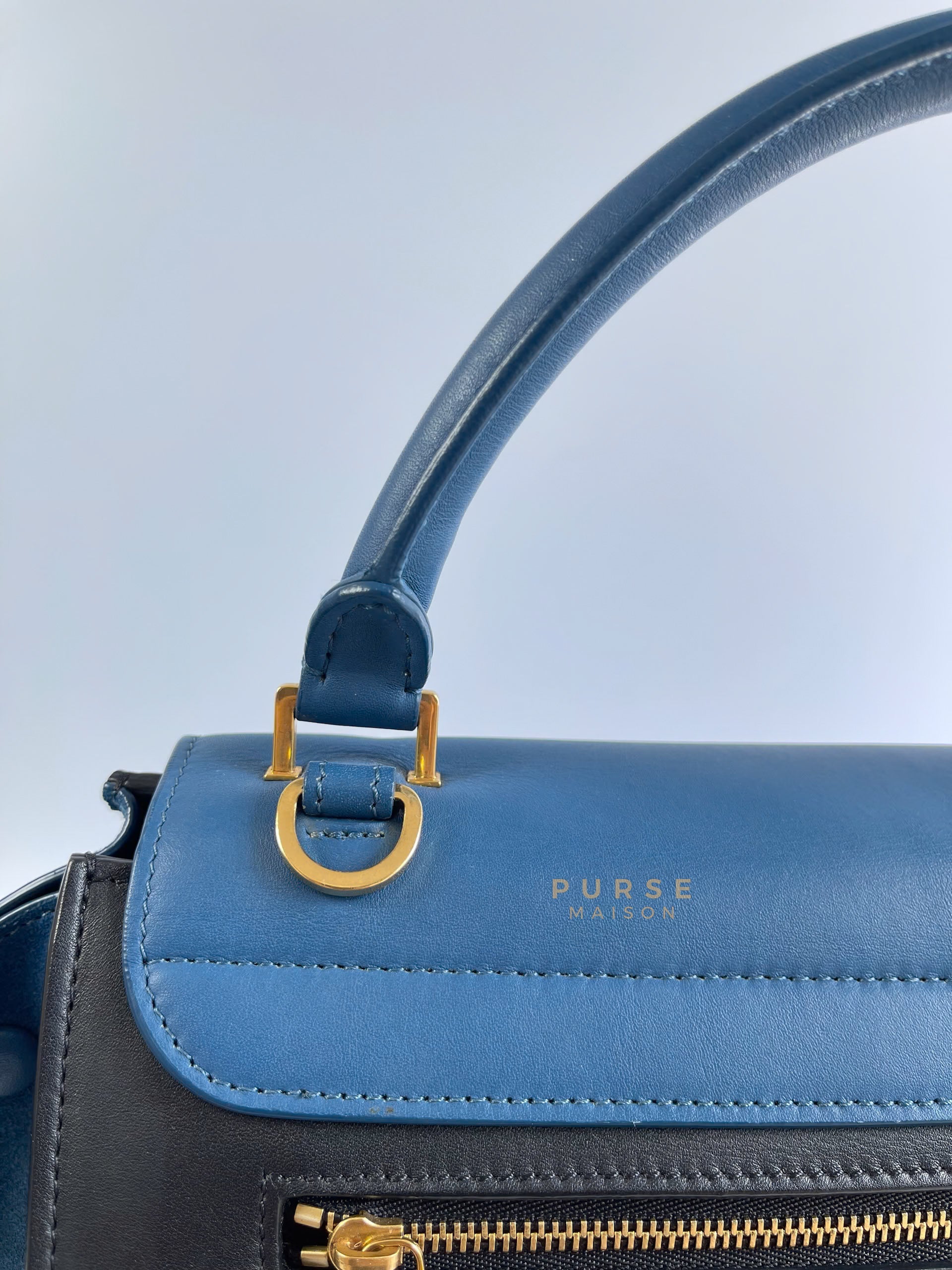 Trapeze Bi-color (Blue/Black) Calfskin Suede Medium Bag | Purse Maison Luxury Bags Shop