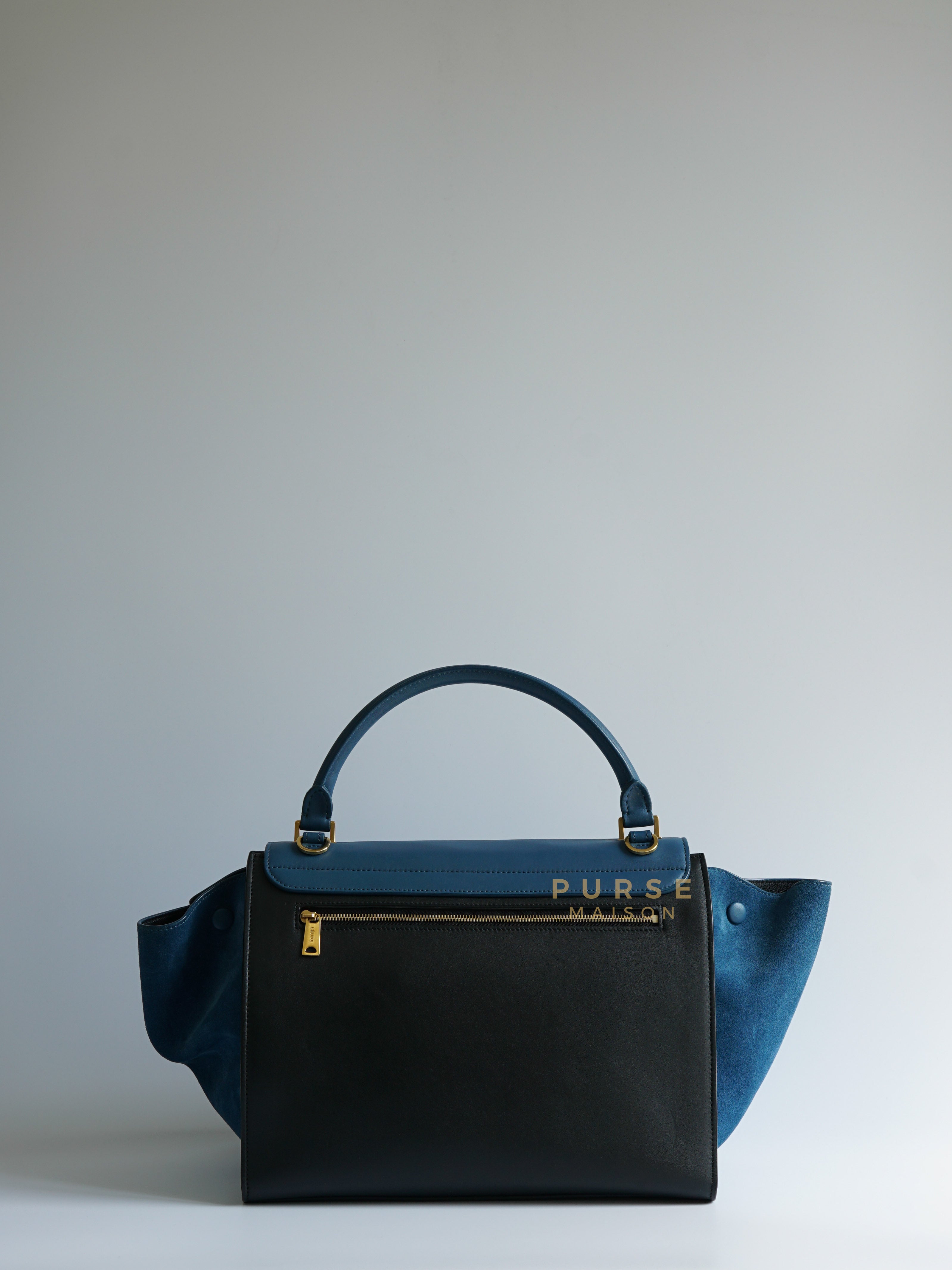 Trapeze Bi-color (Blue/Black) Calfskin Suede Medium Bag | Purse Maison Luxury Bags Shop