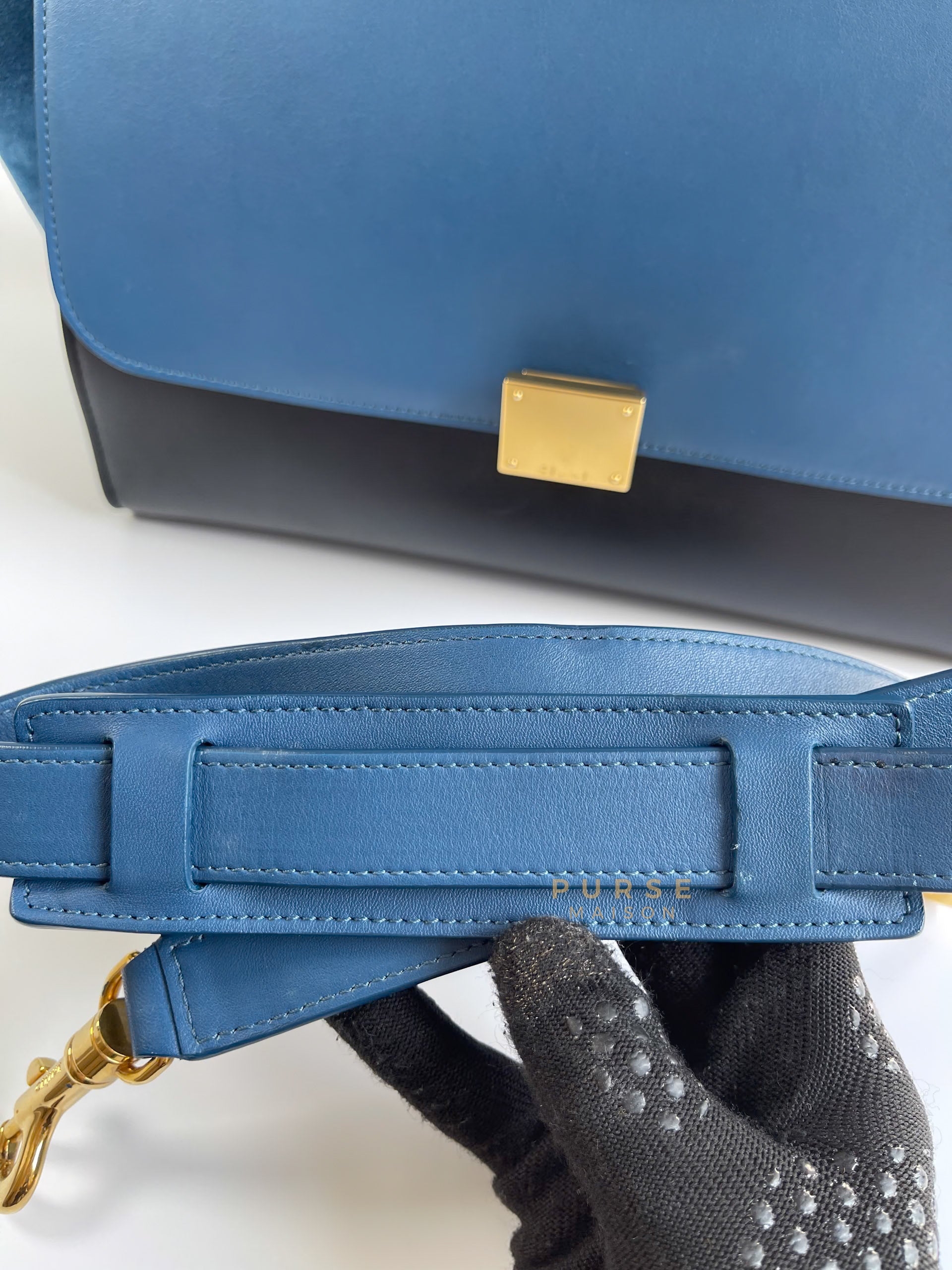 Trapeze Bi-color (Blue/Black) Calfskin Suede Medium Bag | Purse Maison Luxury Bags Shop