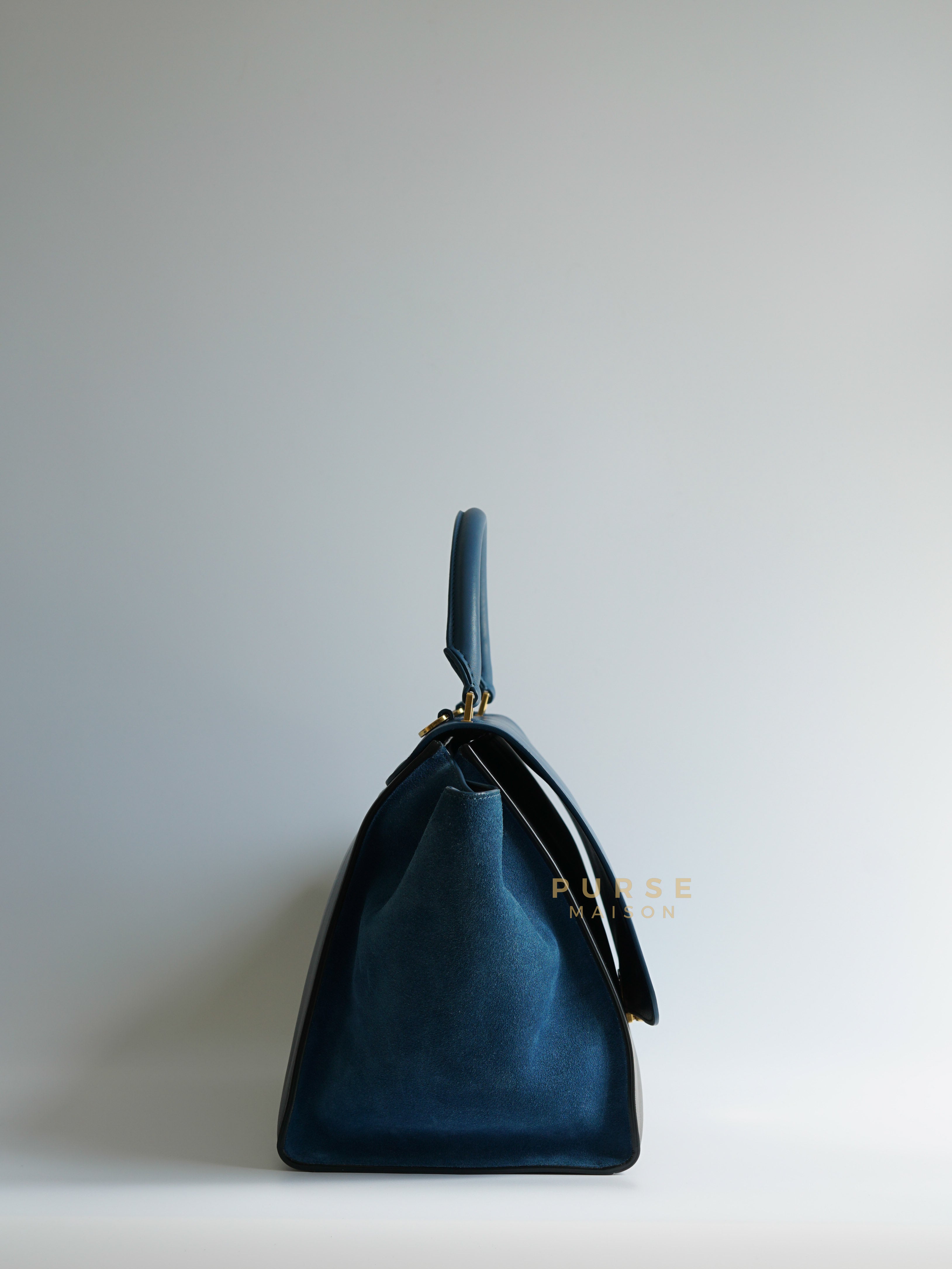 Trapeze Bi-color (Blue/Black) Calfskin Suede Medium Bag | Purse Maison Luxury Bags Shop