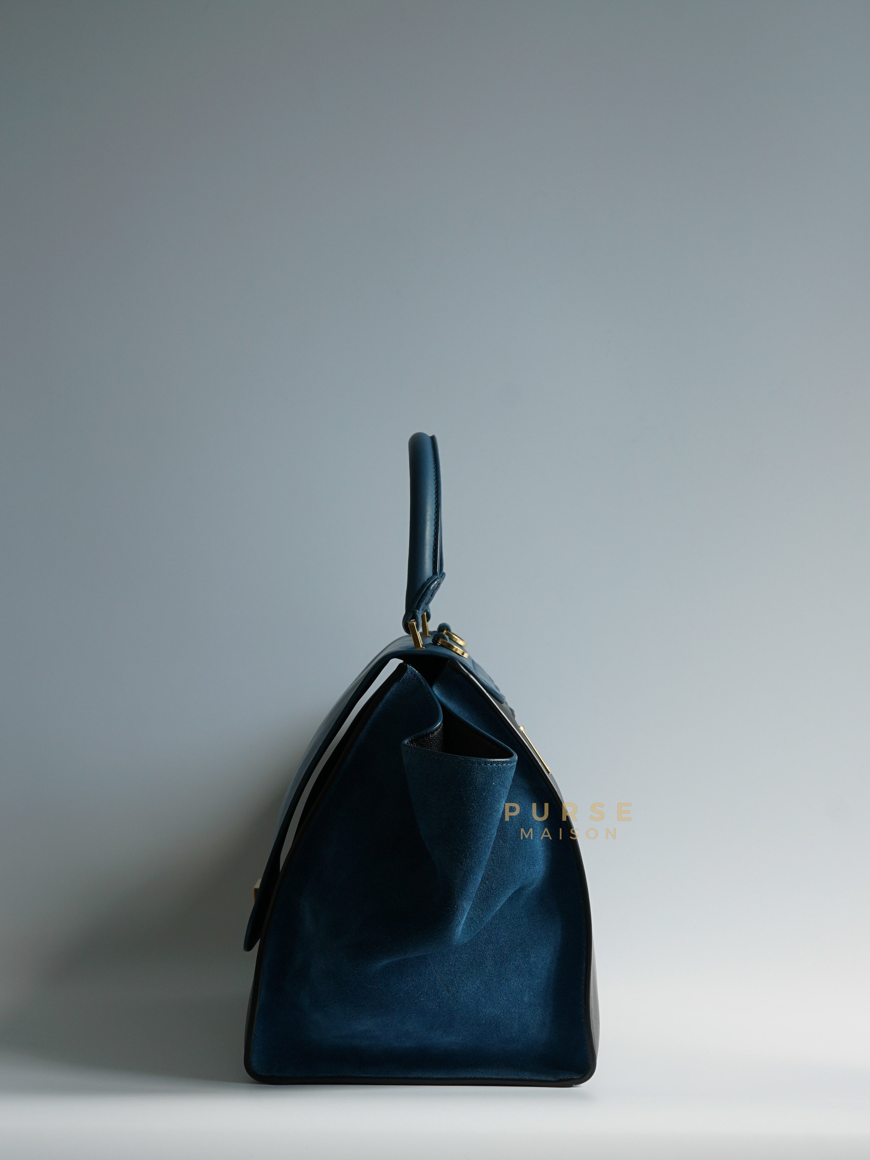 Trapeze Bi-color (Blue/Black) Calfskin Suede Medium Bag | Purse Maison Luxury Bags Shop