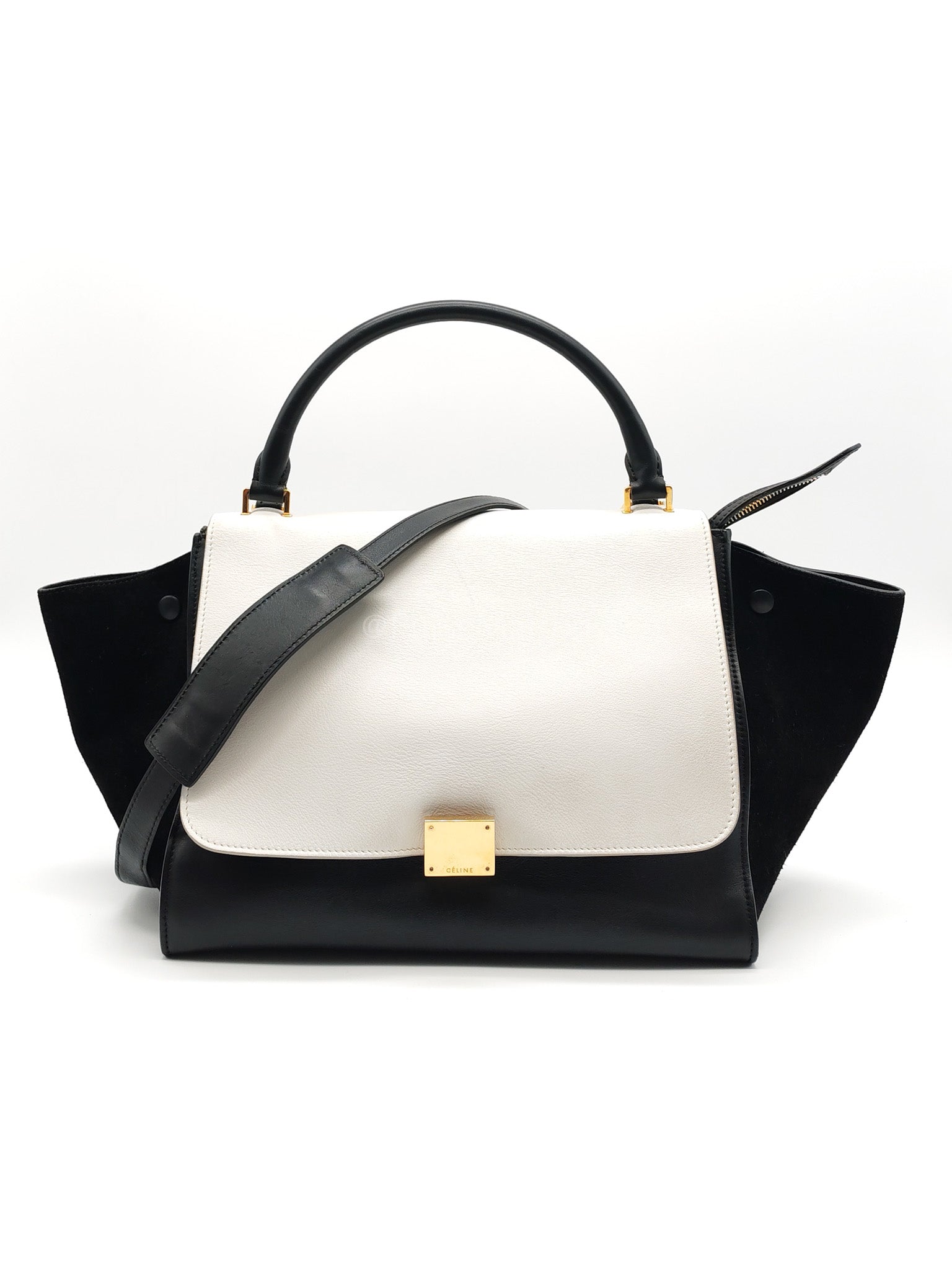 Trapeze Medium in BlacK/White Suede and Calfskin Leather | Purse Maison Luxury Bags Shop