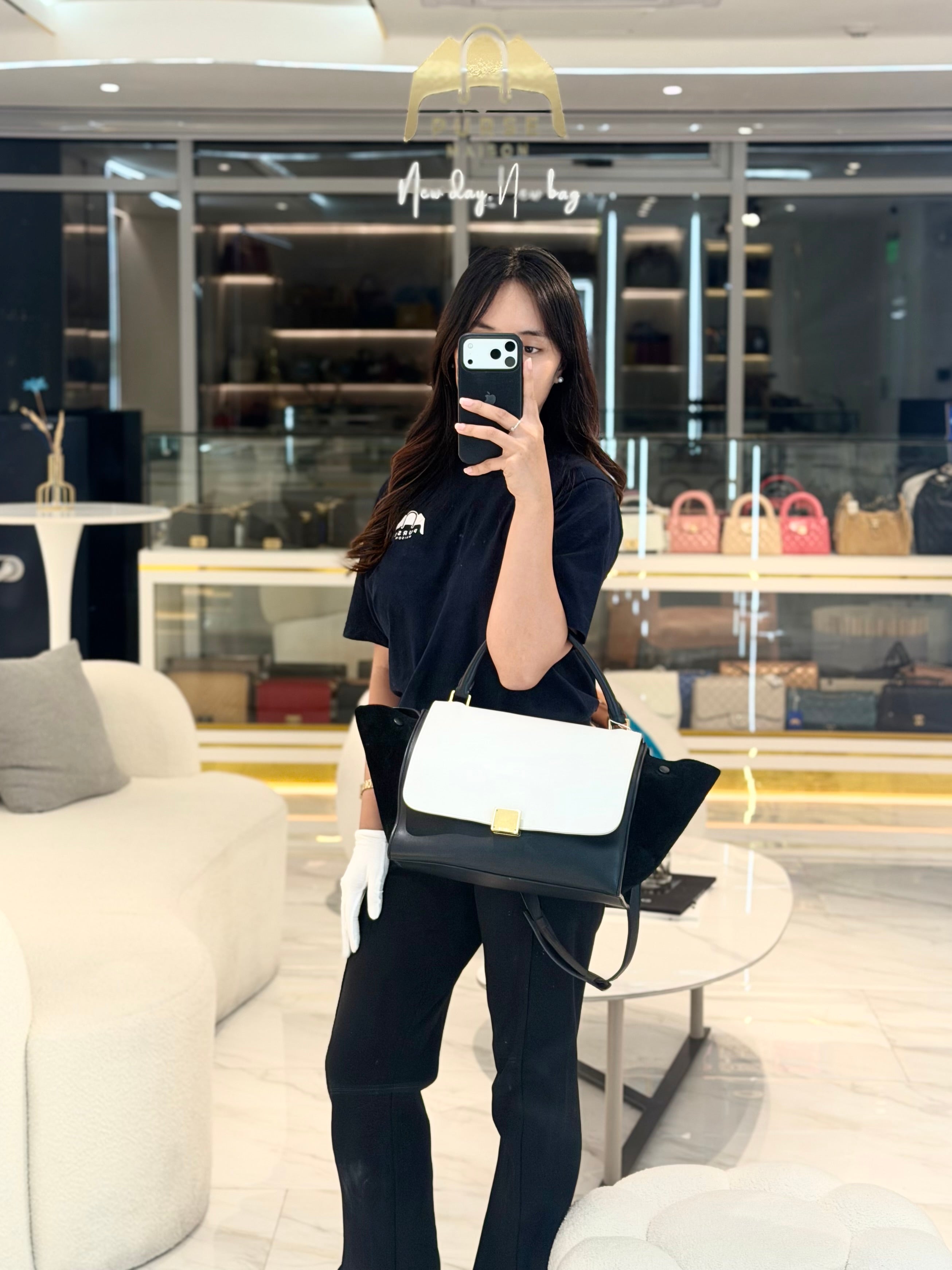 Trapeze Medium in BlacK/White Suede and Calfskin Leather | Purse Maison Luxury Bags Shop