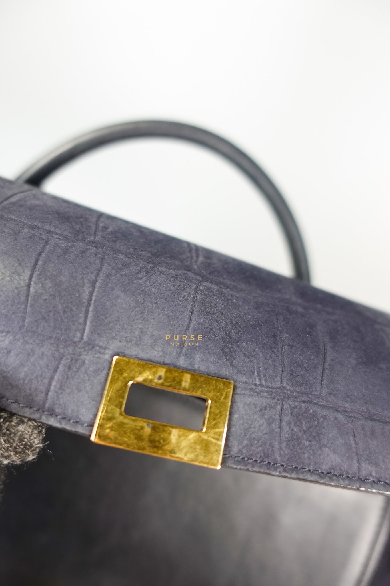 Trapeze Navy Blue Small Stamped Crocodile Nubuck Leather Bag | Purse Maison Luxury Bags Shop