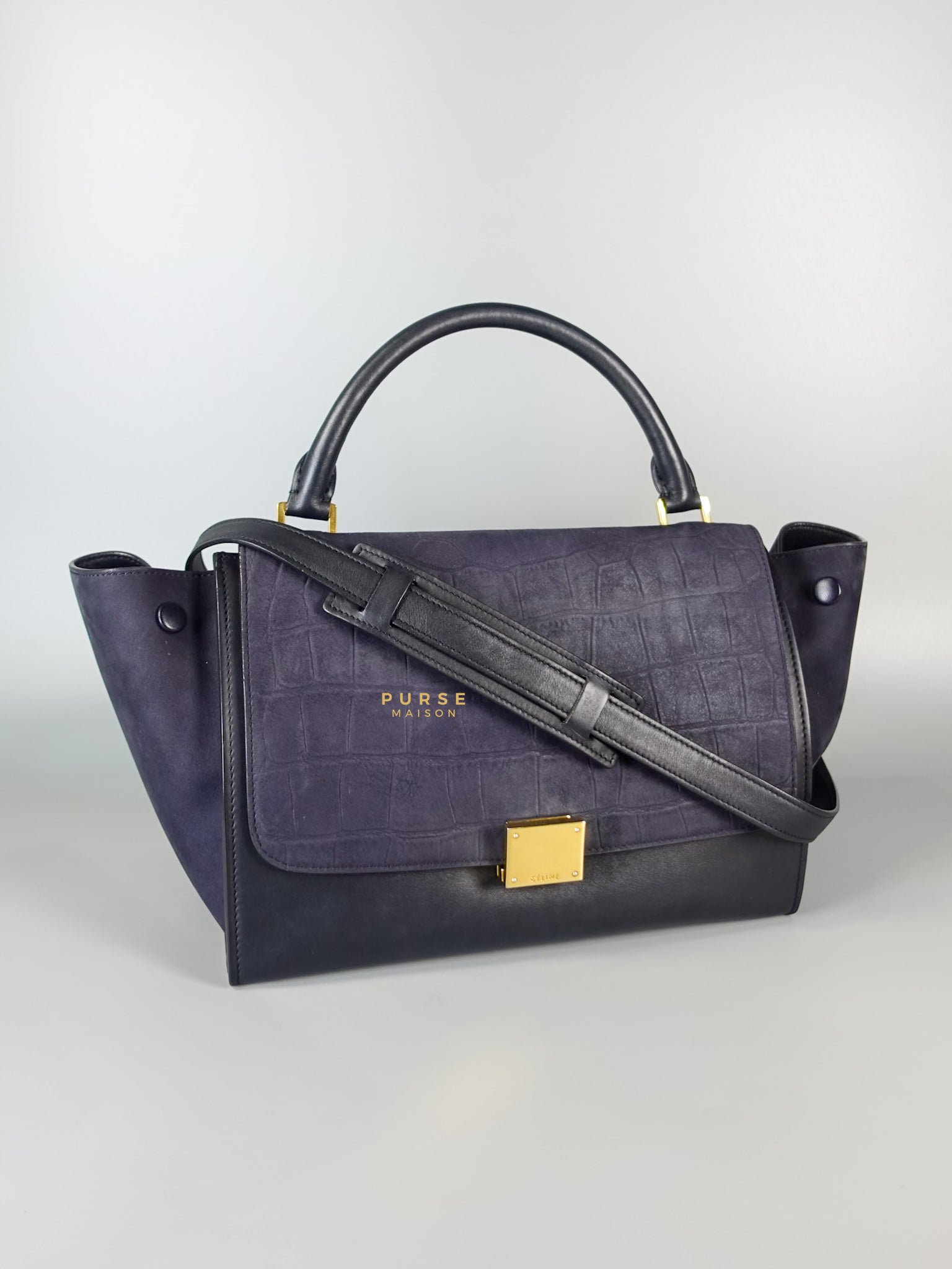 Trapeze Navy Blue Small Stamped Crocodile Nubuck Leather Bag | Purse Maison Luxury Bags Shop