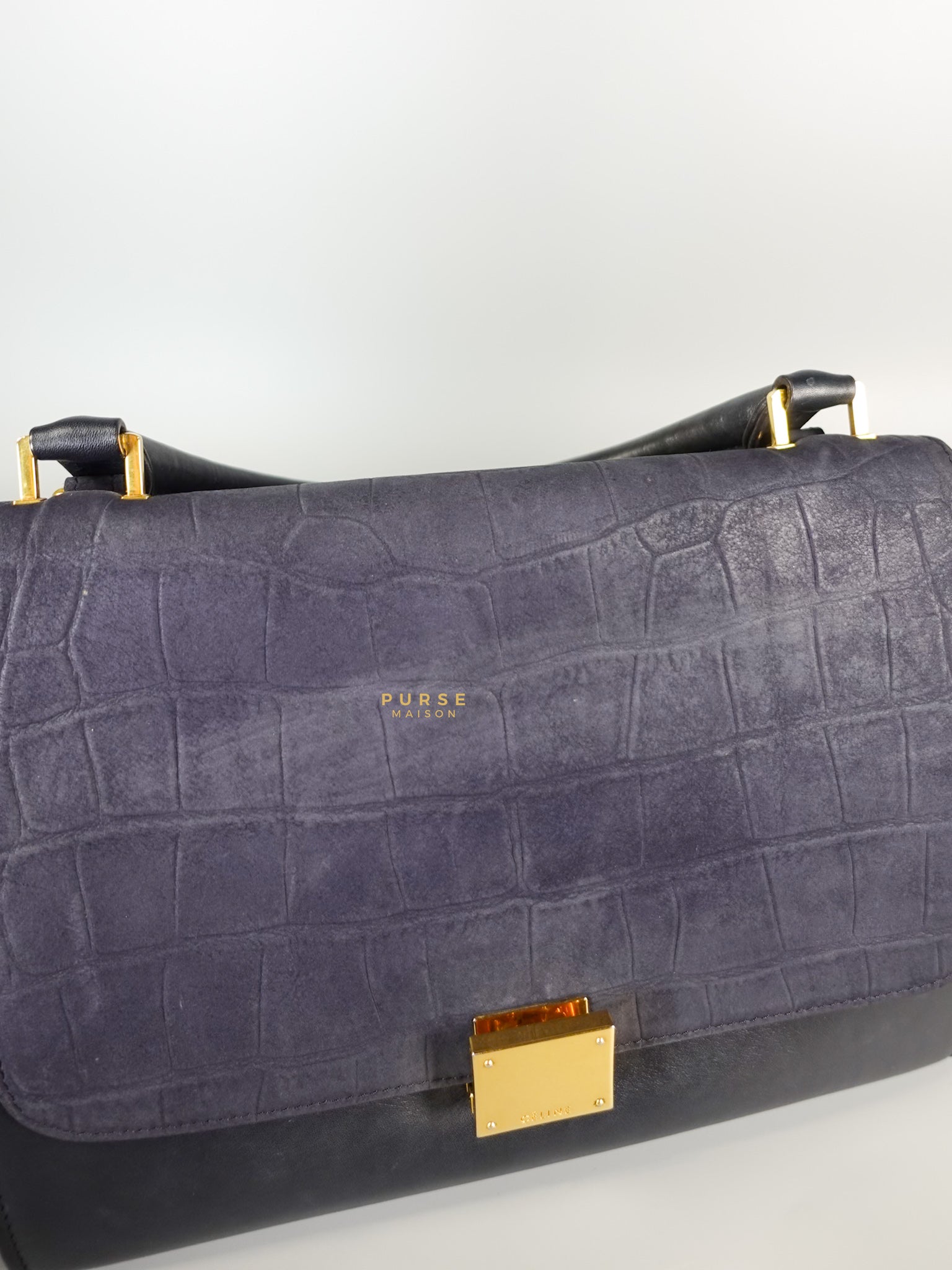 Trapeze Navy Blue Small Stamped Crocodile Nubuck Leather Bag | Purse Maison Luxury Bags Shop