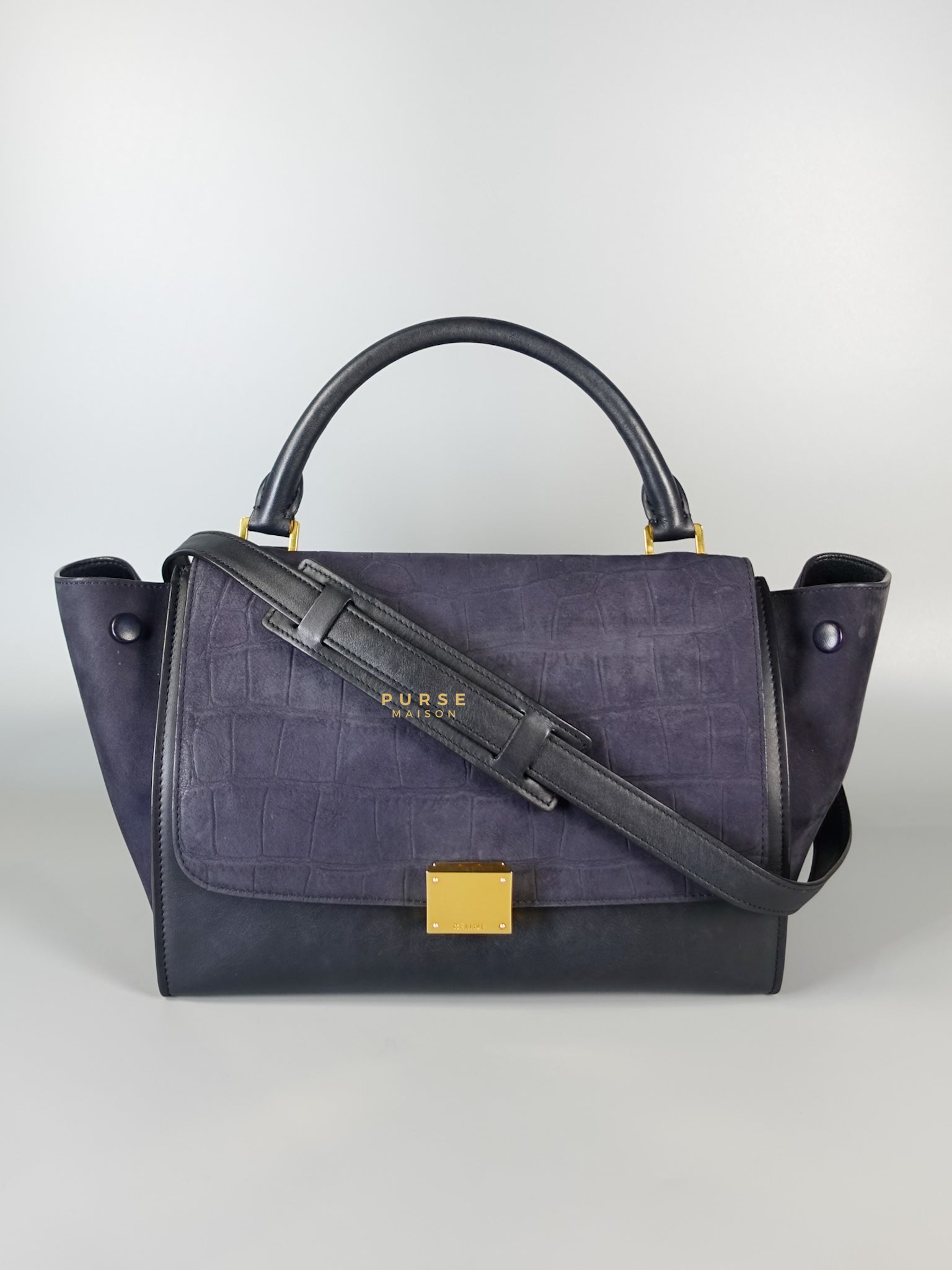 Trapeze Navy Blue Small Stamped Crocodile Nubuck Leather Bag | Purse Maison Luxury Bags Shop