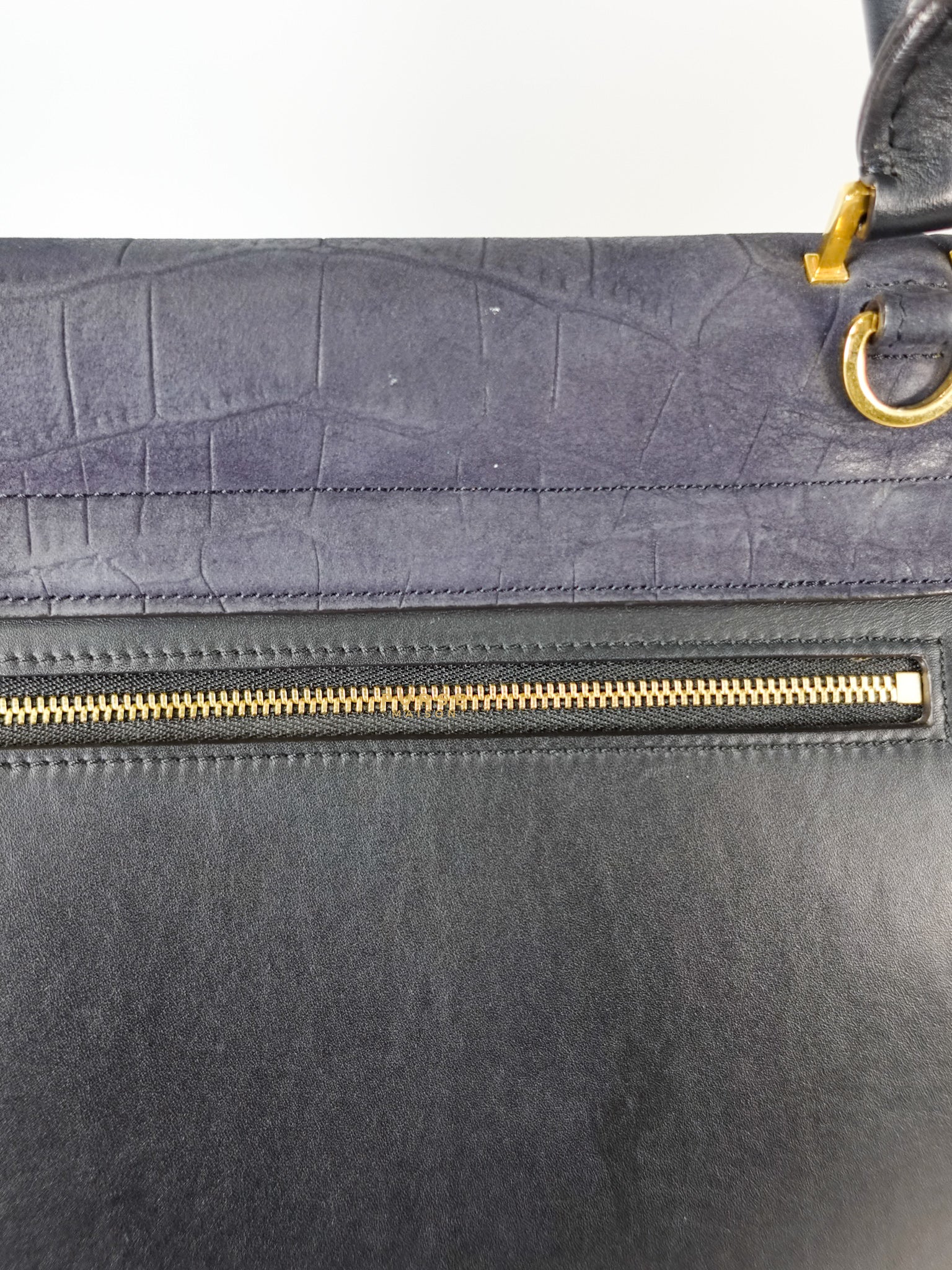 Trapeze Navy Blue Small Stamped Crocodile Nubuck Leather Bag | Purse Maison Luxury Bags Shop