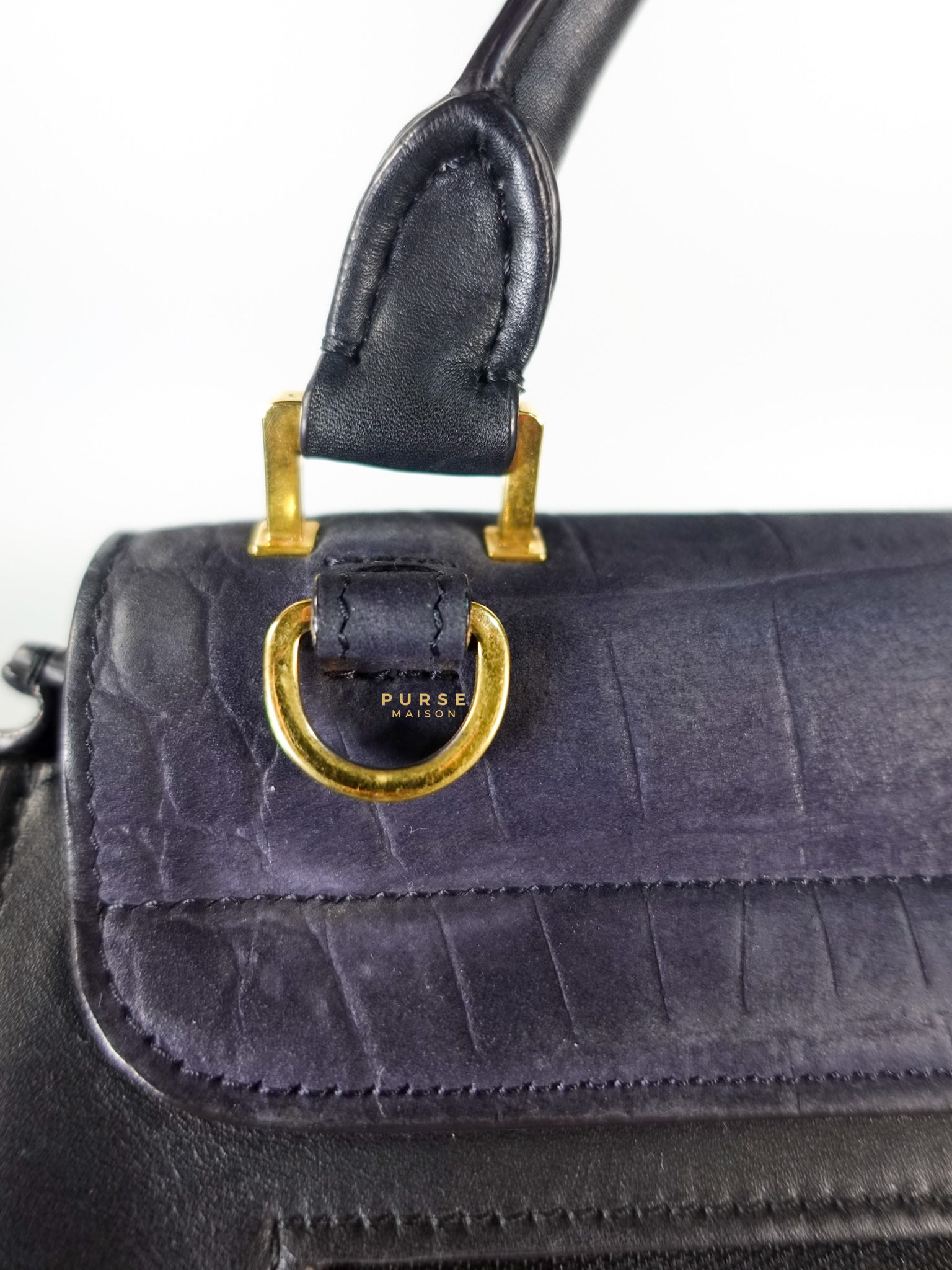 Trapeze Navy Blue Small Stamped Crocodile Nubuck Leather Bag | Purse Maison Luxury Bags Shop