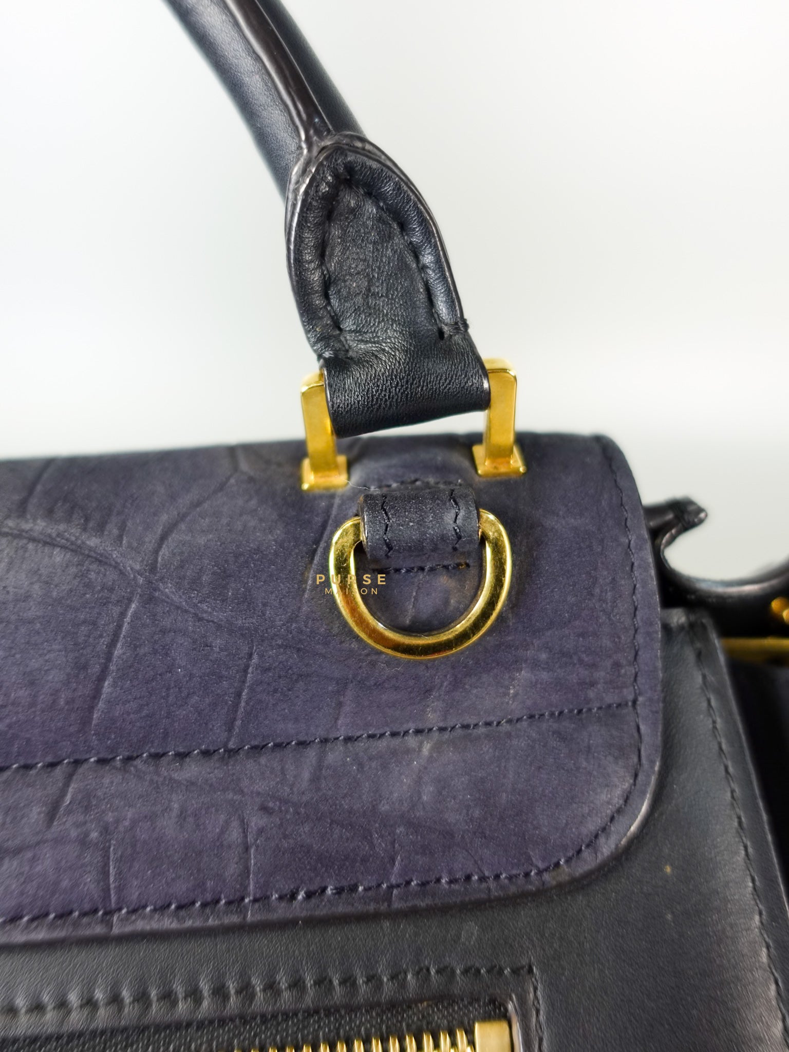 Trapeze Navy Blue Small Stamped Crocodile Nubuck Leather Bag | Purse Maison Luxury Bags Shop