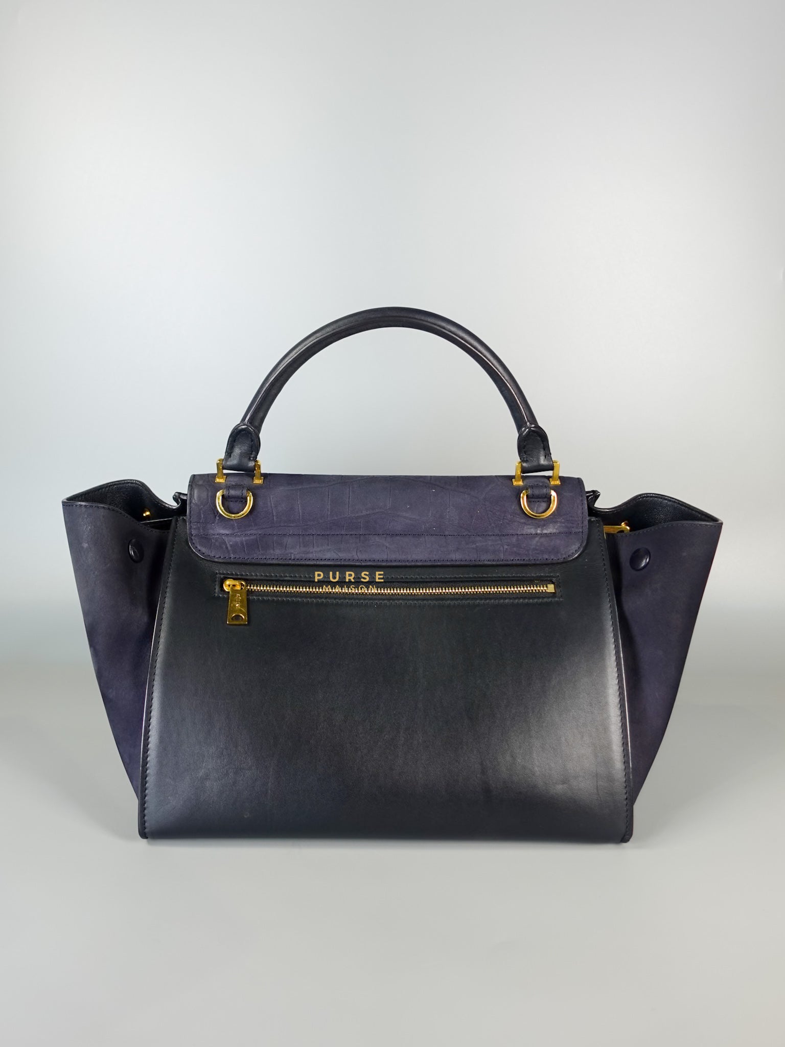 Trapeze Navy Blue Small Stamped Crocodile Nubuck Leather Bag | Purse Maison Luxury Bags Shop